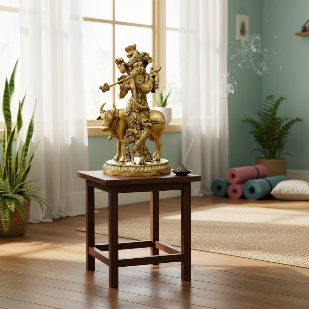 Intricately detailed golden Brass Lord Krishna statue with Kamdhenu cow for religious decor