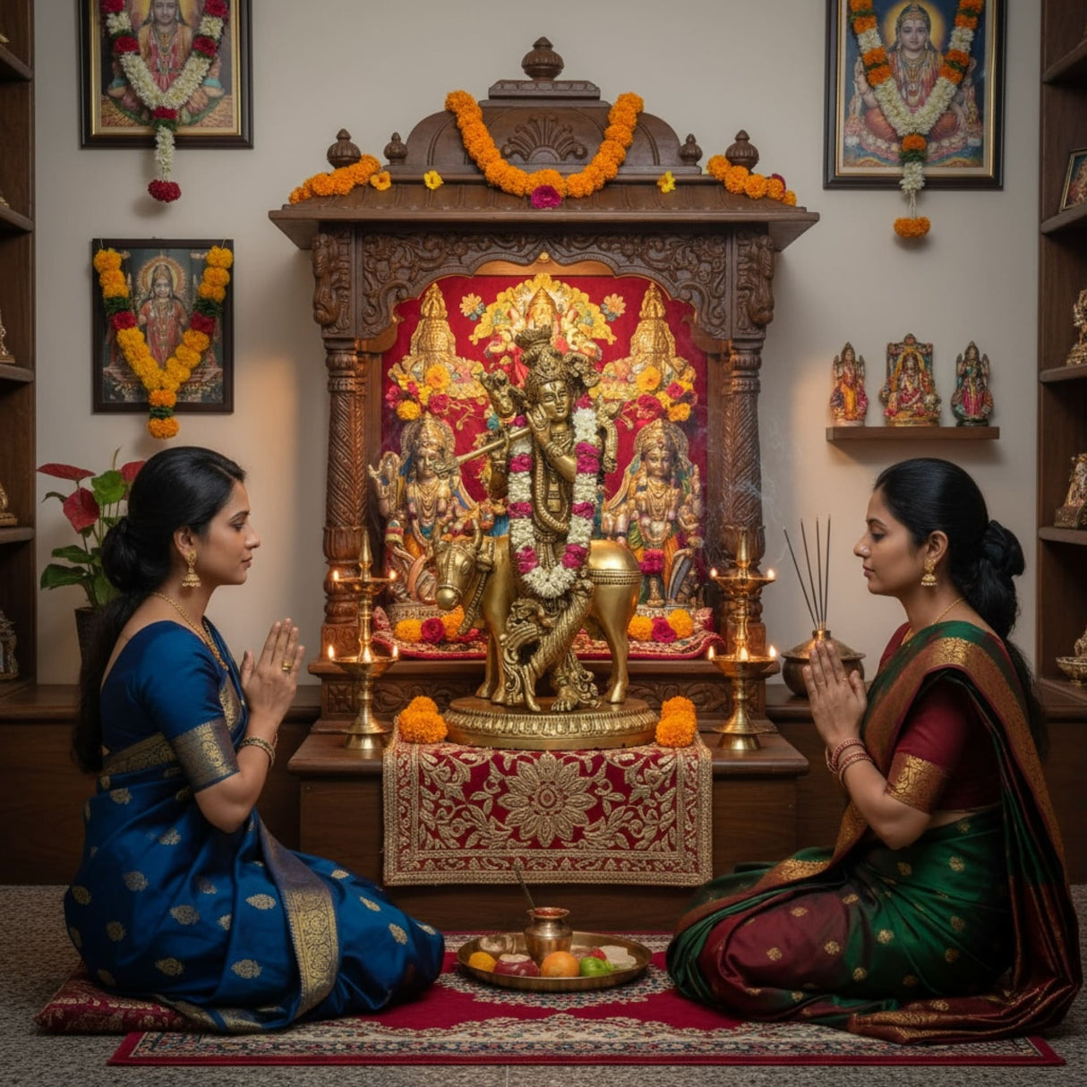 Two women in traditional Indian attire praying before a home altar with deities and sacred idols