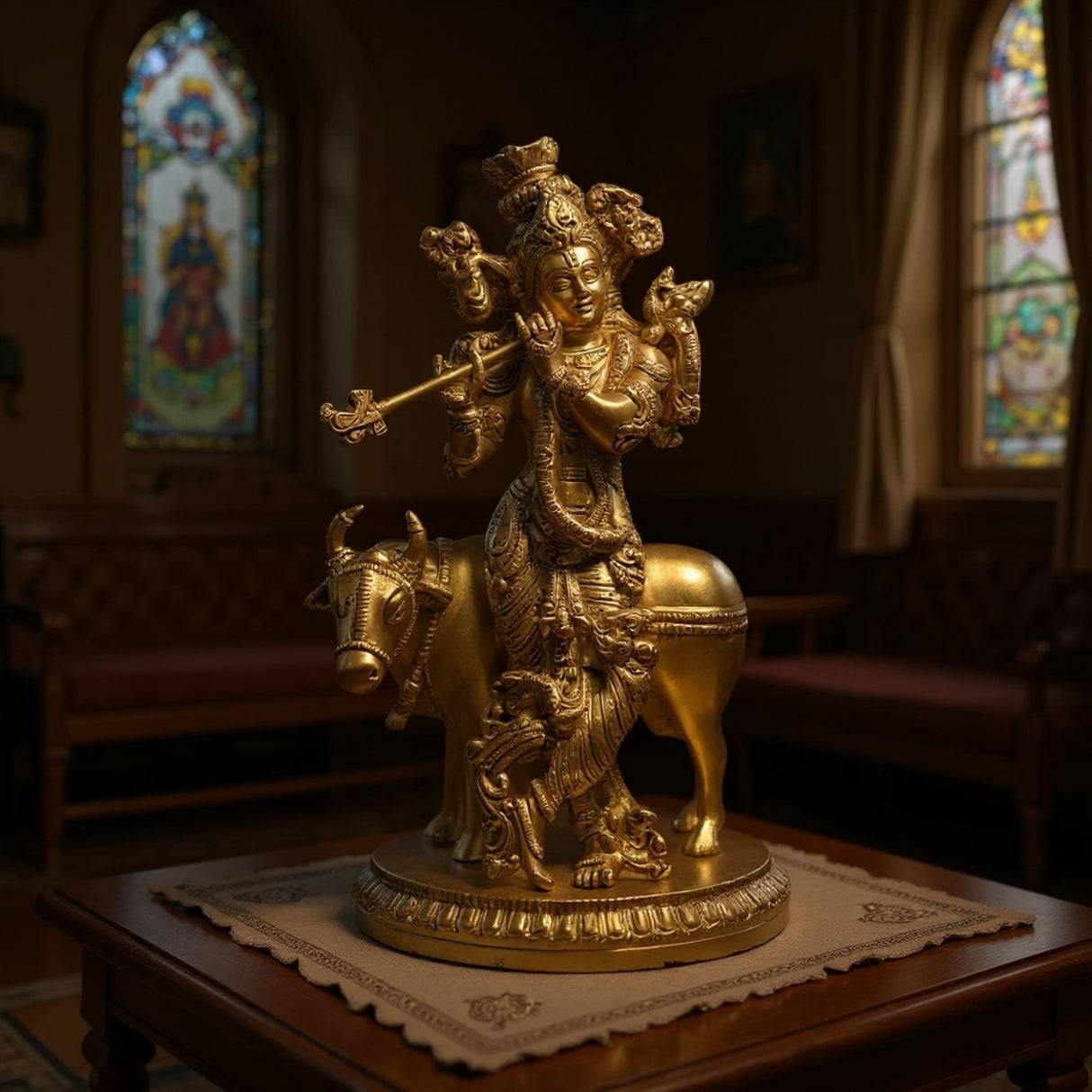 Ornate golden Hindu deity Lord Krishna playing flute statue for home temple decor