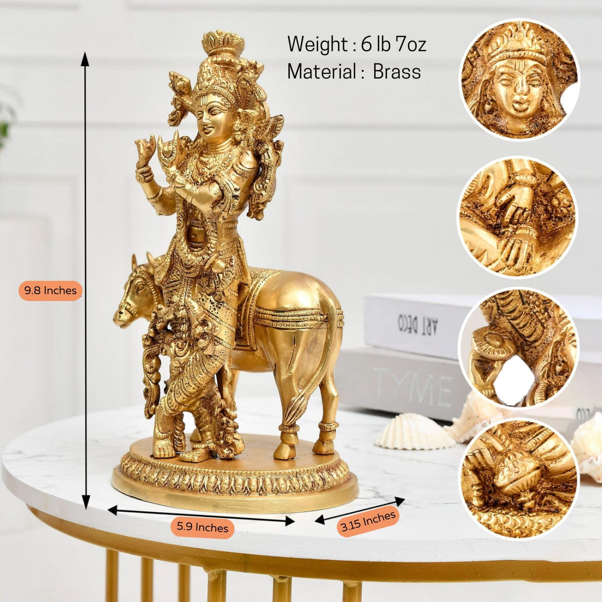 Brass Lord Krishna Statue with Kamdhenu Cow Hindu God Religious Idol Figurine Krishna with Holy Cow for Home Temple Mandir Decor Diwali Pooja - Decorative Showpiece Housewarming Gift - LoveNspire