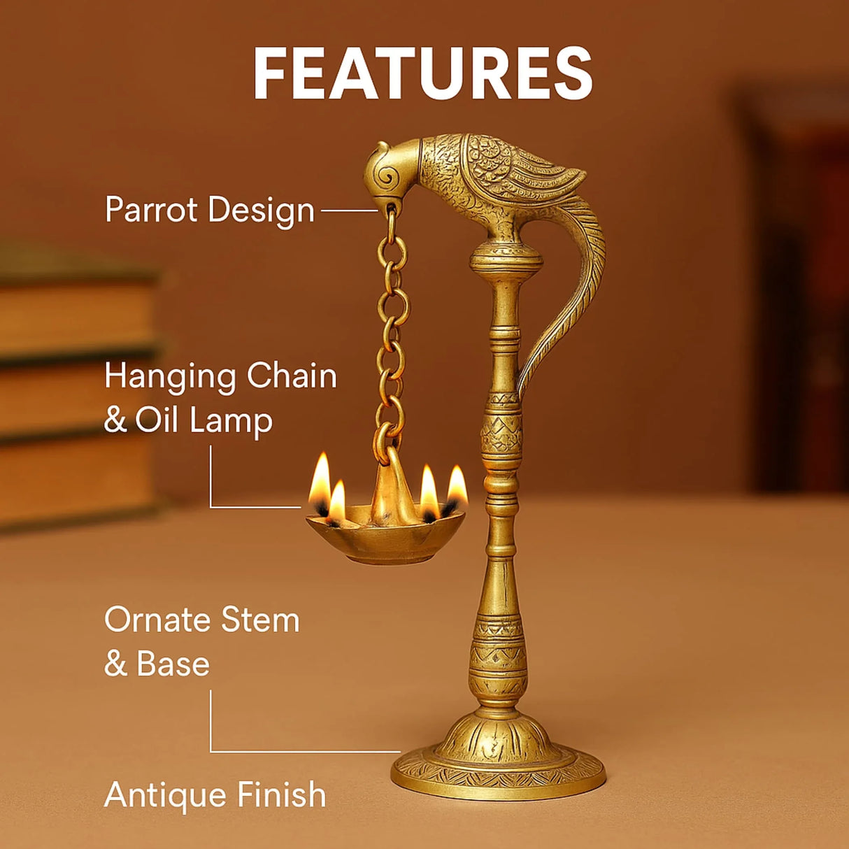 2 PC Parrot Brass Oil Diya Kerala Samai Puja Diya Traditional 7.5 Inches Bird Pair Hanging Chain Oil Lamp Hindu Religious Kathu Vilakku Deepak for Home Temple Diwali Decor Housewarming Gift - LoveNspire