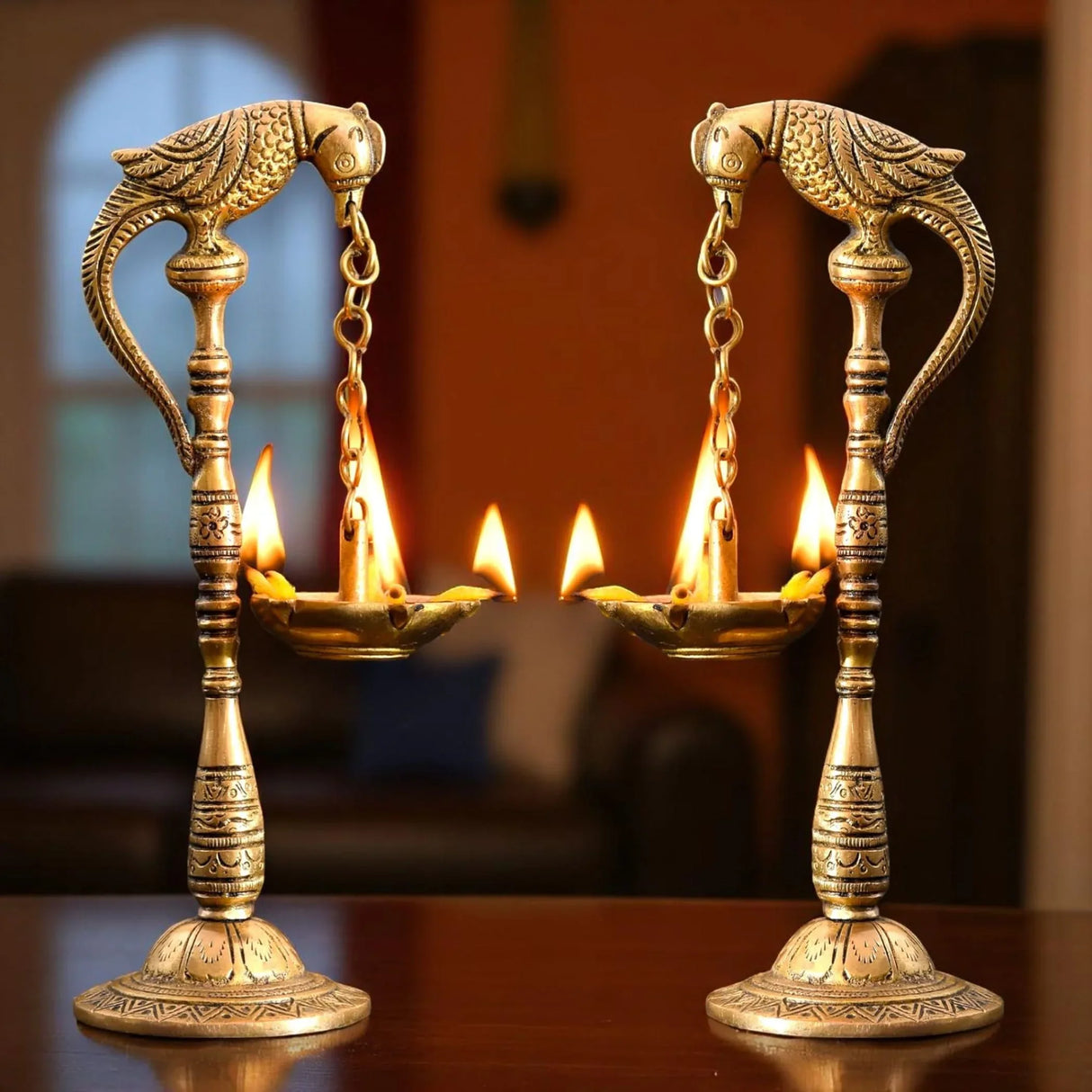 2 PC Parrot Brass Oil Diya Kerala Samai Puja Diya Traditional 7.5 Inches Bird Pair Hanging Chain Oil Lamp Hindu Religious Kathu Vilakku Deepak for Home Temple Diwali Decor Housewarming Gift - LoveNspire