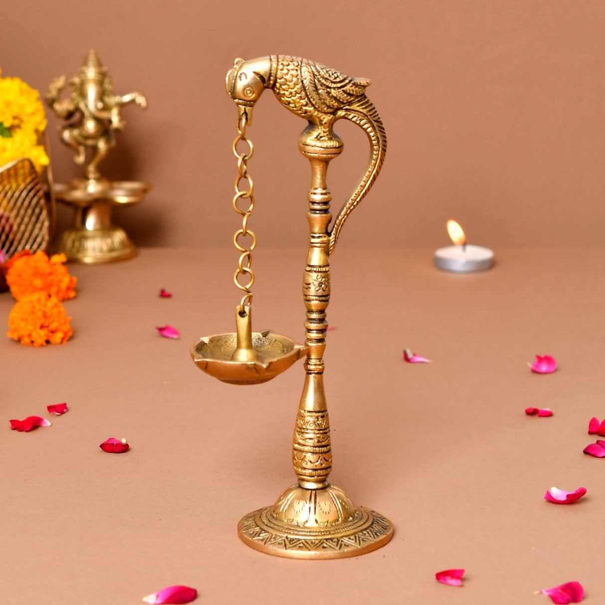 2 PC Parrot Brass Oil Diya Kerala Samai Puja Diya Traditional 7.5 Inches Bird Pair Hanging Chain Oil Lamp Hindu Religious Kathu Vilakku Deepak for Home Temple Diwali Decor Housewarming Gift - LoveNspire