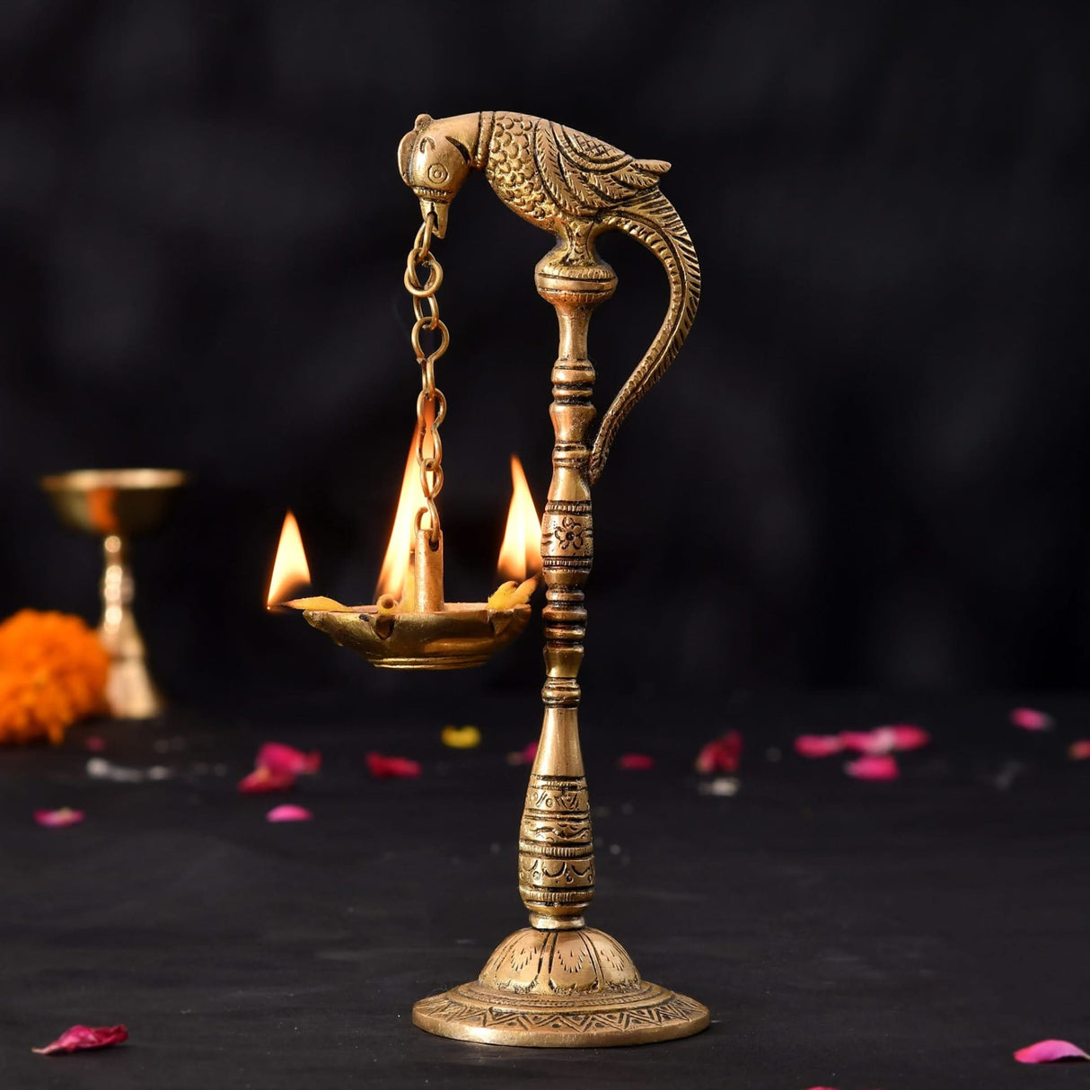 2 PC Parrot Brass Oil Diya Kerala Samai Puja Diya Traditional 7.5 Inches Bird Pair Hanging Chain Oil Lamp Hindu Religious Kathu Vilakku Deepak for Home Temple Diwali Decor Housewarming Gift - LoveNspire