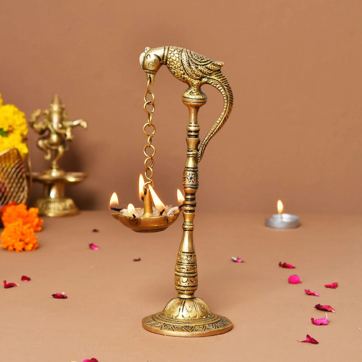 2 PC Parrot Brass Oil Diya Kerala Samai Puja Diya Traditional 7.5 Inches Bird Pair Hanging Chain Oil Lamp Hindu Religious Kathu Vilakku Deepak for Home Temple Diwali Decor Housewarming Gift - LoveNspire