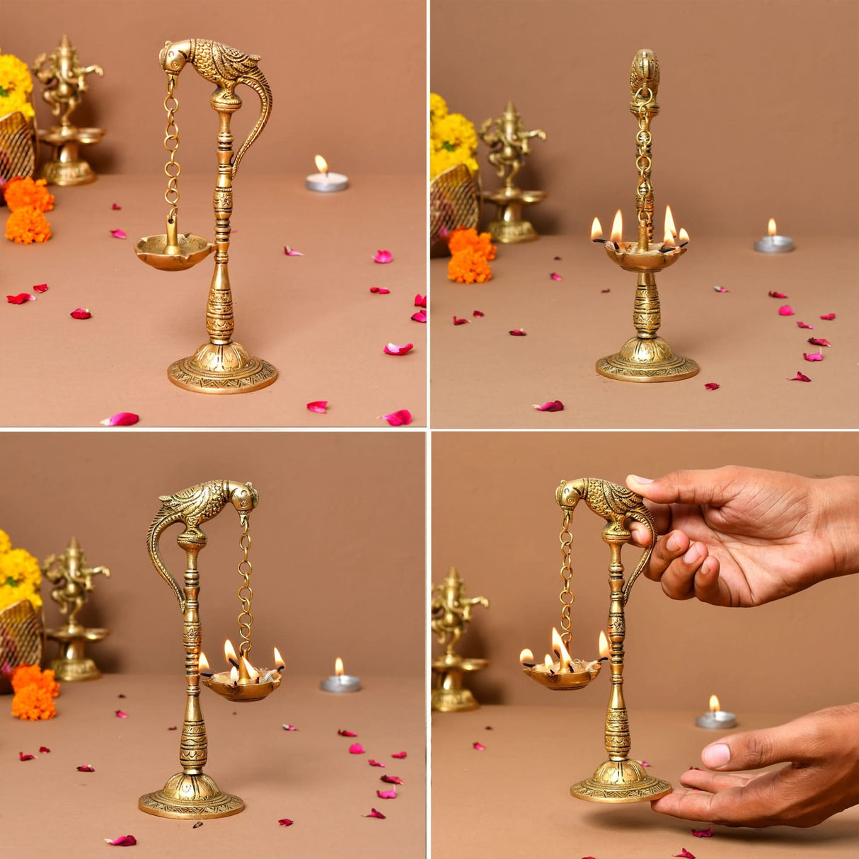 2 PC Parrot Brass Oil Diya Kerala Samai Puja Diya Traditional 7.5 Inches Bird Pair Hanging Chain Oil Lamp Hindu Religious Kathu Vilakku Deepak for Home Temple Diwali Decor Housewarming Gift - LoveNspire