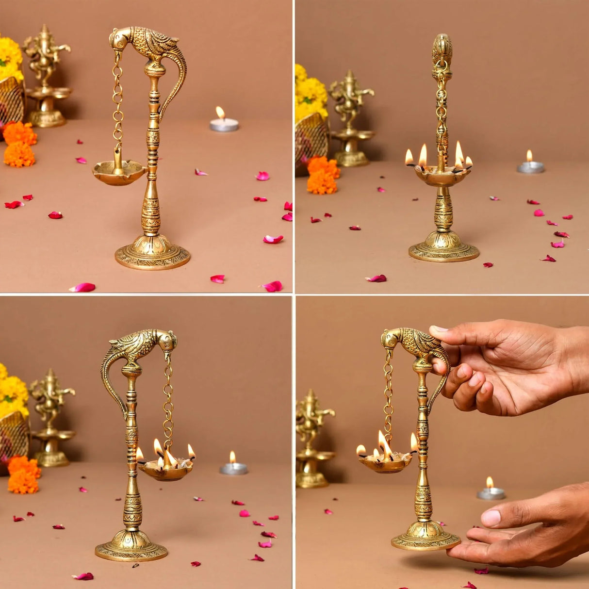 2 PC Parrot Brass Oil Diya Kerala Samai Puja Diya Traditional 7.5 Inches Bird Pair Hanging Chain Oil Lamp Hindu Religious Kathu Vilakku Deepak for Home Temple Diwali Decor Housewarming Gift - LoveNspire