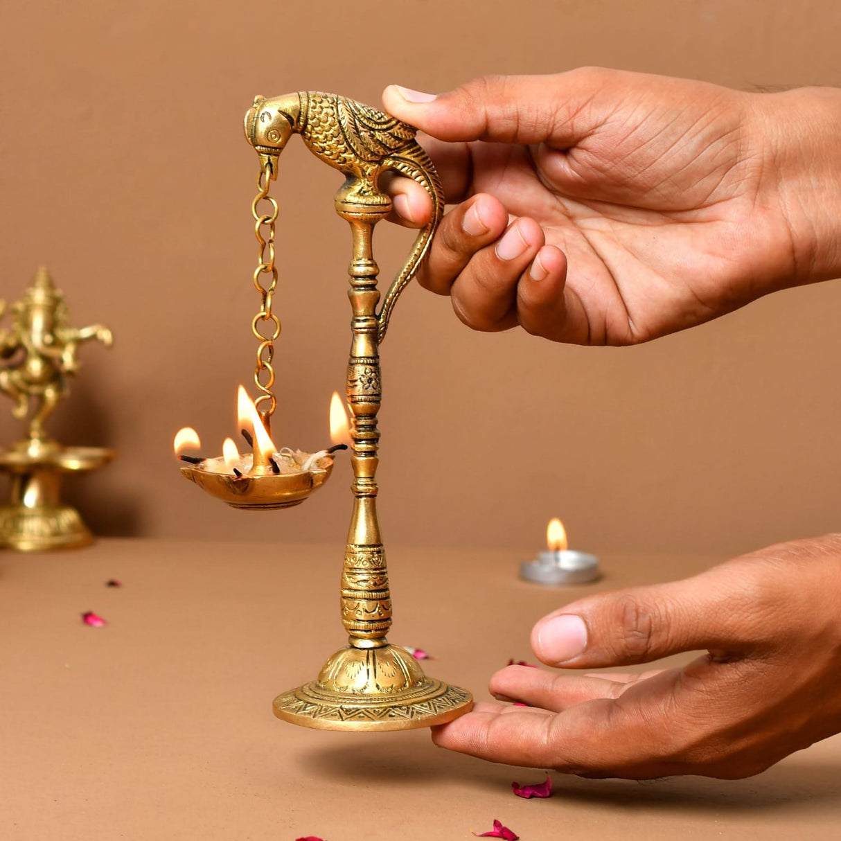 2 PC Parrot Brass Oil Diya Kerala Samai Puja Diya Traditional 7.5 Inches Bird Pair Hanging Chain Oil Lamp Hindu Religious Kathu Vilakku Deepak for Home Temple Diwali Decor Housewarming Gift - LoveNspire