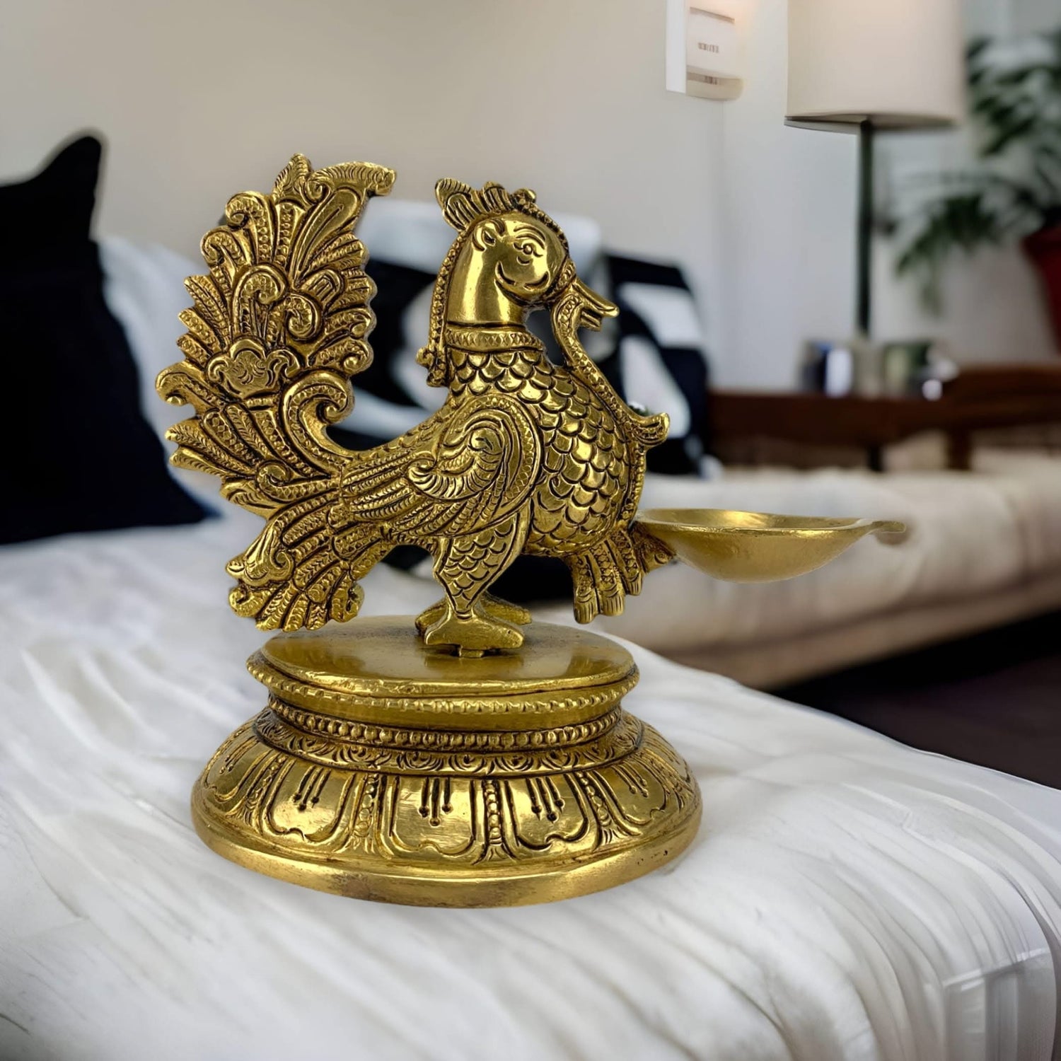 Brass Peacock Diya Annam Deepak Idol Oil Lamp Deepam with Base for Home Temple Mandir Office Diwali Decoration Kathu Vilakku Puja Diya - Deepawali Housewarming Return Gift - LoveNspire