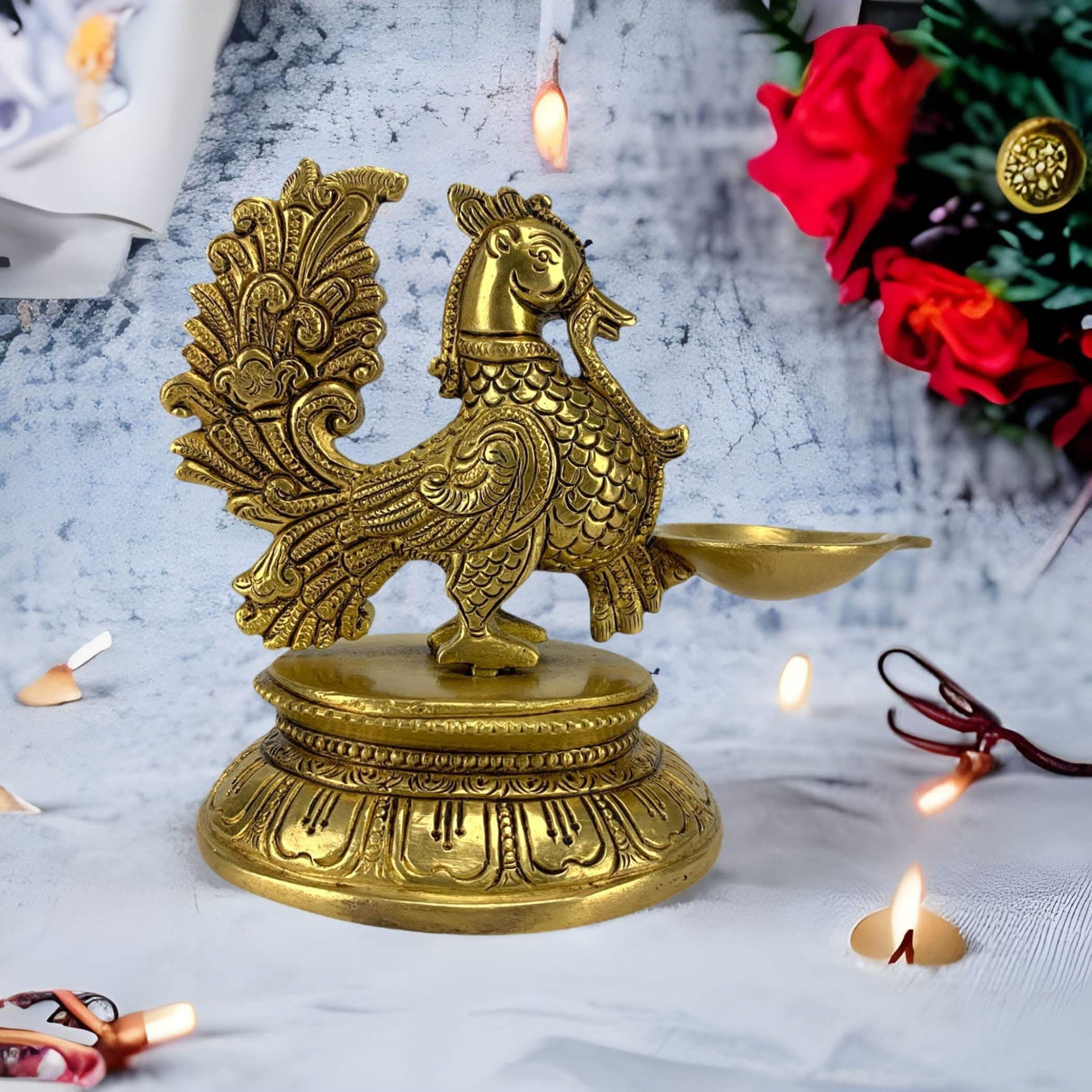 Brass Peacock Diya Annam Deepak Idol Oil Lamp Deepam with Base for Home Temple Mandir Office Diwali Decoration Kathu Vilakku Puja Diya - Deepawali Housewarming Return Gift - LoveNspire