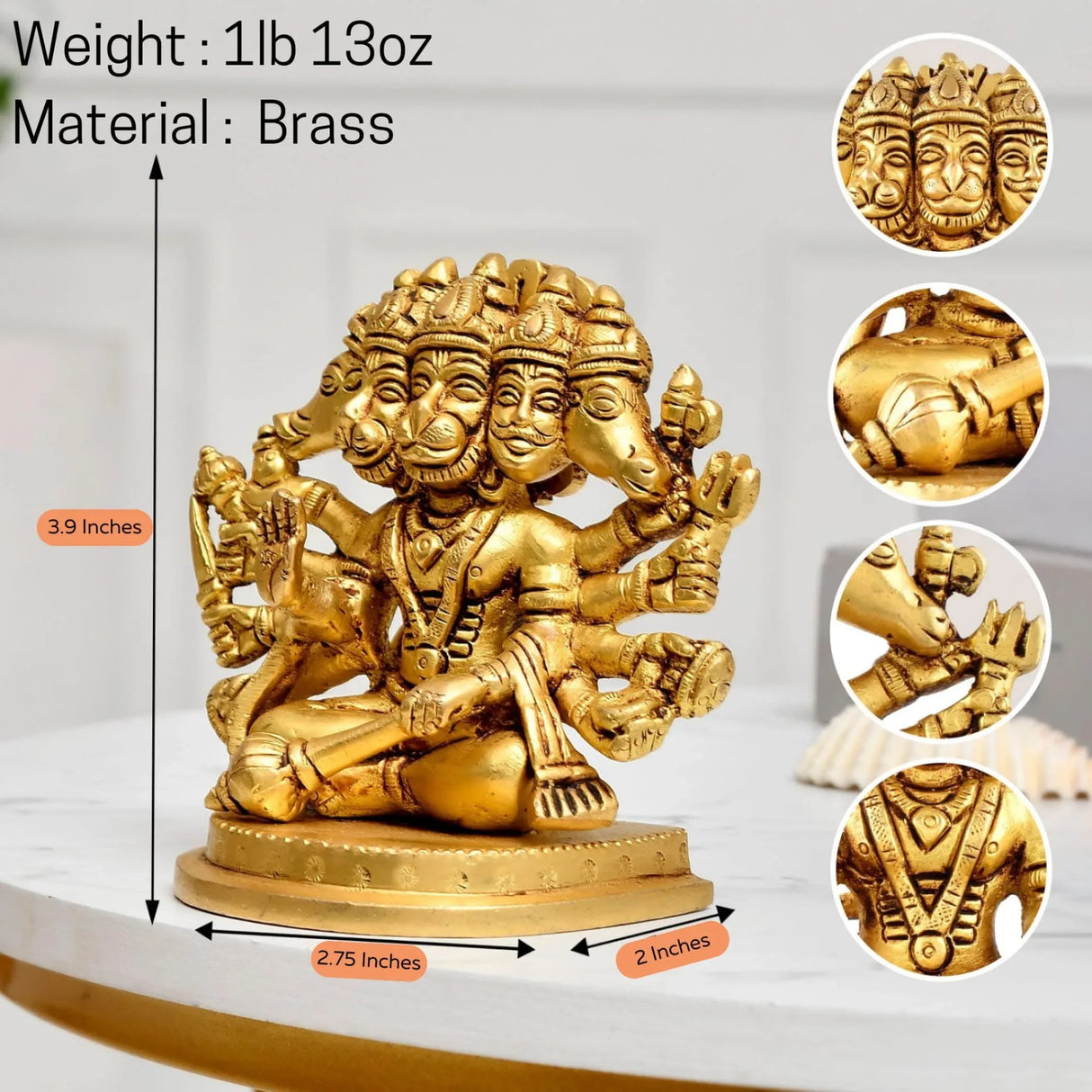 Brass Panchmukhi Hanuman Statue Anjani Pawan Putra Lord Bajrangbali Idol Murti Hindu Religious Divine Sculpture for Home Office Entrance Pooja Room Temple Mandir Decor Housewarming Gift - LoveNspire