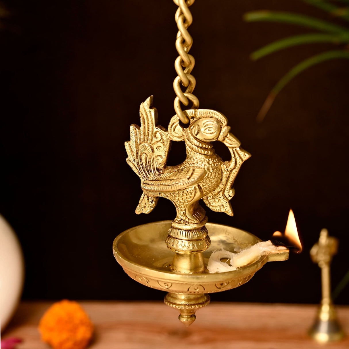Brass Peacock Wall Hanging Diya with Chain Annam Hanging Idol Oil Lamp Diya for Home Temple Mandir Office Diwali Decor Kathu Vilakku Puja Diya - Deepawali Housewarming Return Gift - LoveNspire