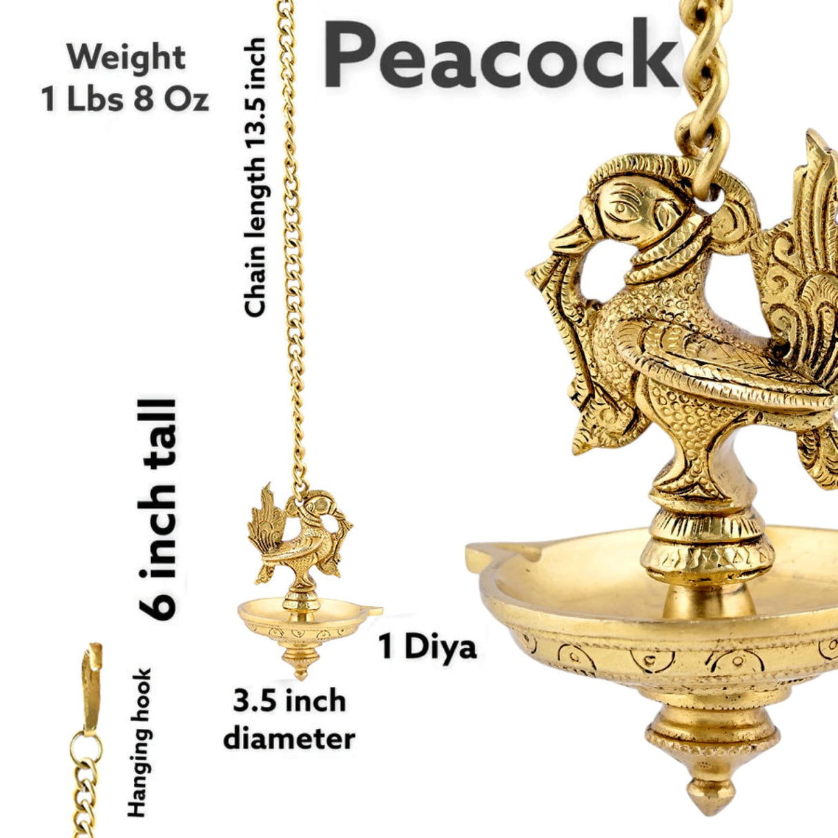 Brass Peacock Wall Hanging Diya with Chain Annam Hanging Idol Oil Lamp Diya for Home Temple Mandir Office Diwali Decor Kathu Vilakku Puja Diya - Deepawali Housewarming Return Gift - LoveNspire