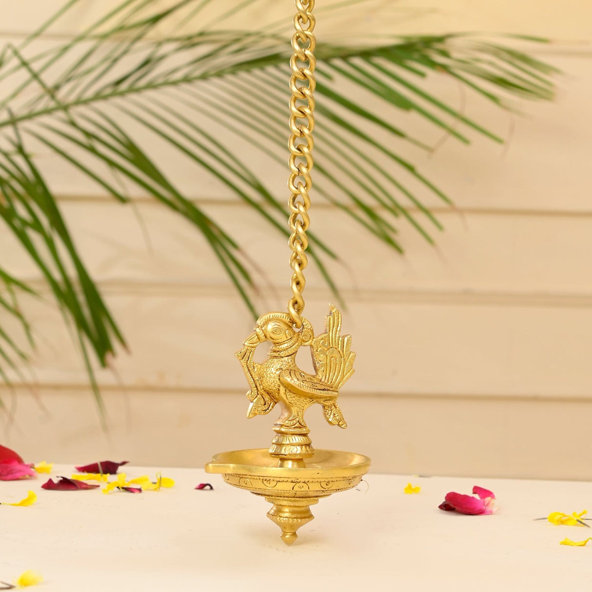 Brass Peacock Wall Hanging Diya with Chain Annam Hanging Idol Oil Lamp Diya for Home Temple Mandir Office Diwali Decor Kathu Vilakku Puja Diya - Deepawali Housewarming Return Gift - LoveNspire
