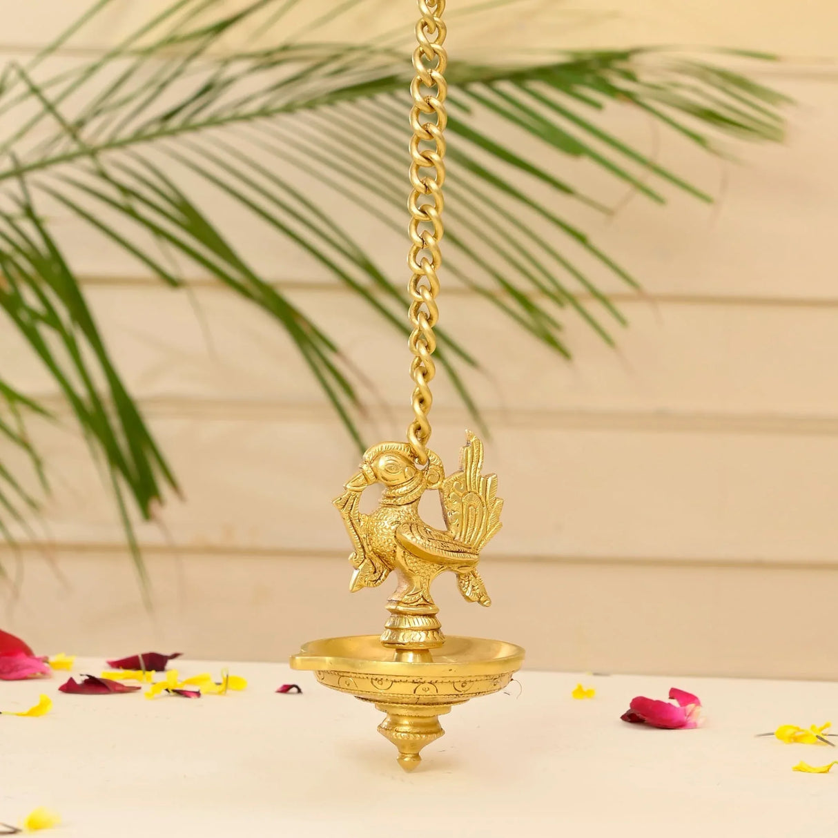 Brass Peacock Wall Hanging Diya with Chain Annam Hanging Idol Oil Lamp Diya for Home Temple Mandir Office Diwali Decor Kathu Vilakku Puja Diya - Deepawali Housewarming Return Gift - LoveNspire