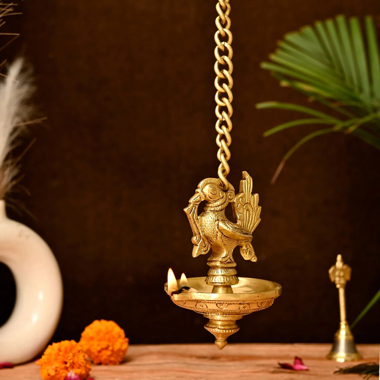 Brass Peacock Wall Hanging Diya with Chain Annam Hanging Idol Oil Lamp Diya for Home Temple Mandir Office Diwali Decor Kathu Vilakku Puja Diya - Deepawali Housewarming Return Gift - LoveNspire