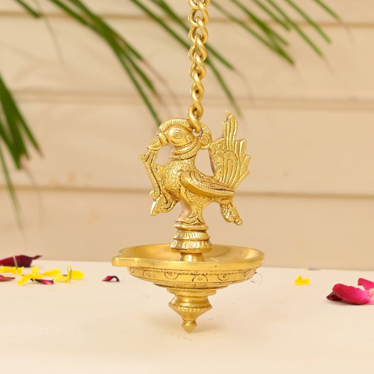 Brass Peacock Wall Hanging Diya with Chain Annam Hanging Idol Oil Lamp Diya for Home Temple Mandir Office Diwali Decor Kathu Vilakku Puja Diya - Deepawali Housewarming Return Gift - LoveNspire