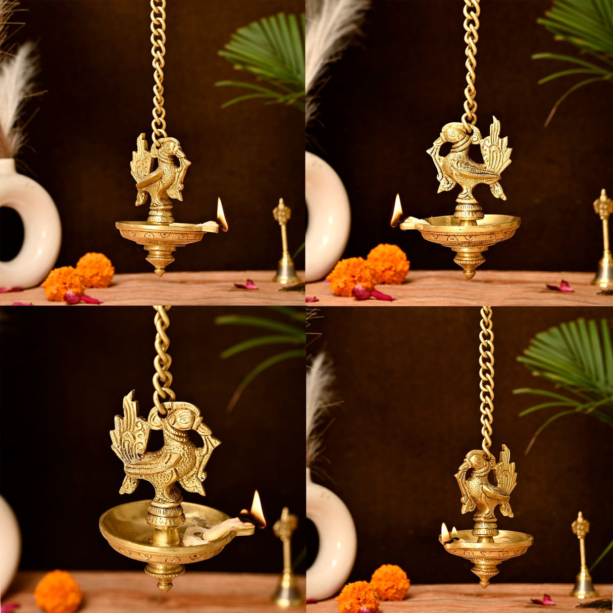 Brass Peacock Wall Hanging Diya with Chain Annam Hanging Idol Oil Lamp Diya for Home Temple Mandir Office Diwali Decor Kathu Vilakku Puja Diya - Deepawali Housewarming Return Gift - LoveNspire