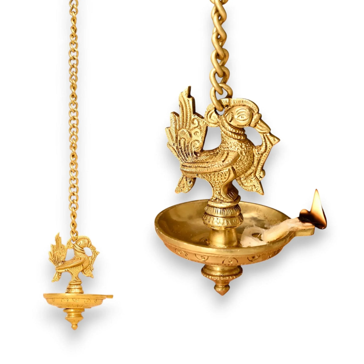 Brass Peacock Wall Hanging Diya with Chain Annam Hanging Idol Oil Lamp Diya for Home Temple Mandir Office Diwali Decor Kathu Vilakku Puja Diya - Deepawali Housewarming Return Gift - LoveNspire