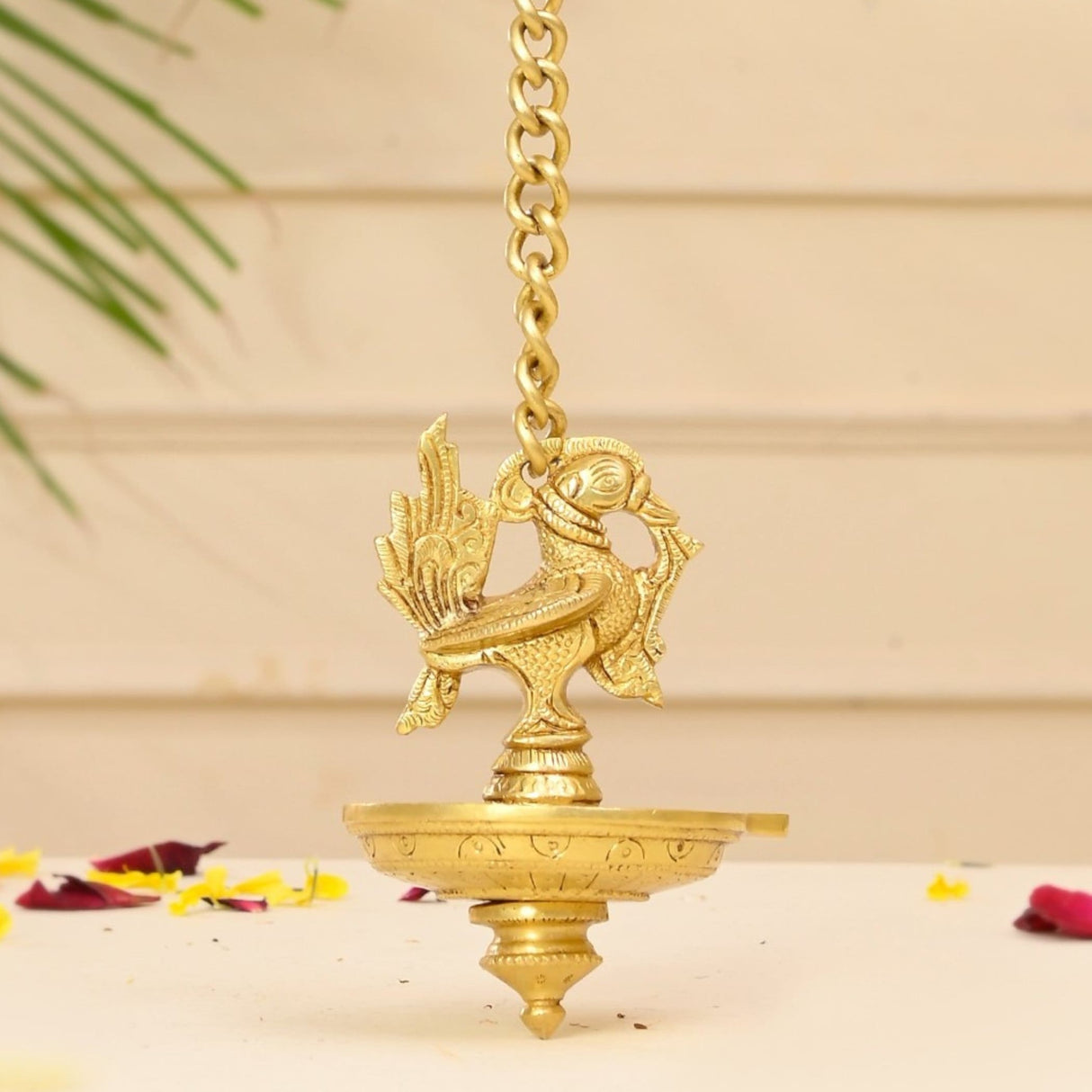 Brass Peacock Wall Hanging Diya with Chain Annam Hanging Idol Oil Lamp Diya for Home Temple Mandir Office Diwali Decor Kathu Vilakku Puja Diya - Deepawali Housewarming Return Gift - LoveNspire