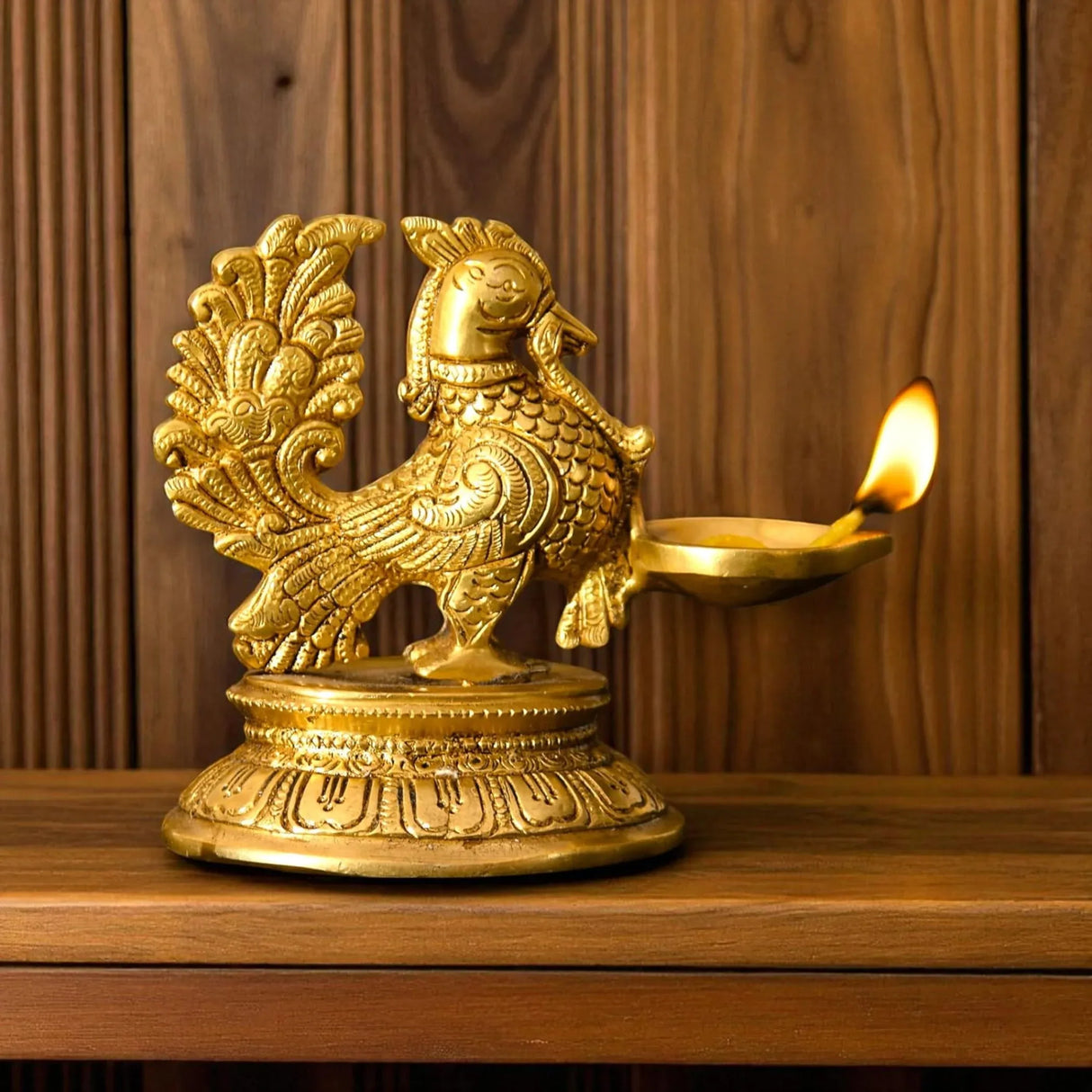 Brass Peacock Diya Annam Deepak Idol Oil Lamp Deepam with Base for Home Temple Mandir Office Diwali Decoration Kathu Vilakku Puja Diya - Deepawali Housewarming Return Gift - LoveNspire