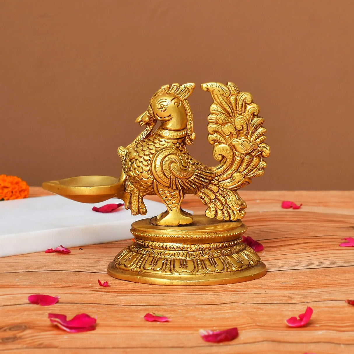 Brass Peacock Diya Annam Deepak Idol Oil Lamp Deepam with Base for Home Temple Mandir Office Diwali Decoration Kathu Vilakku Puja Diya - Deepawali Housewarming Return Gift - LoveNspire