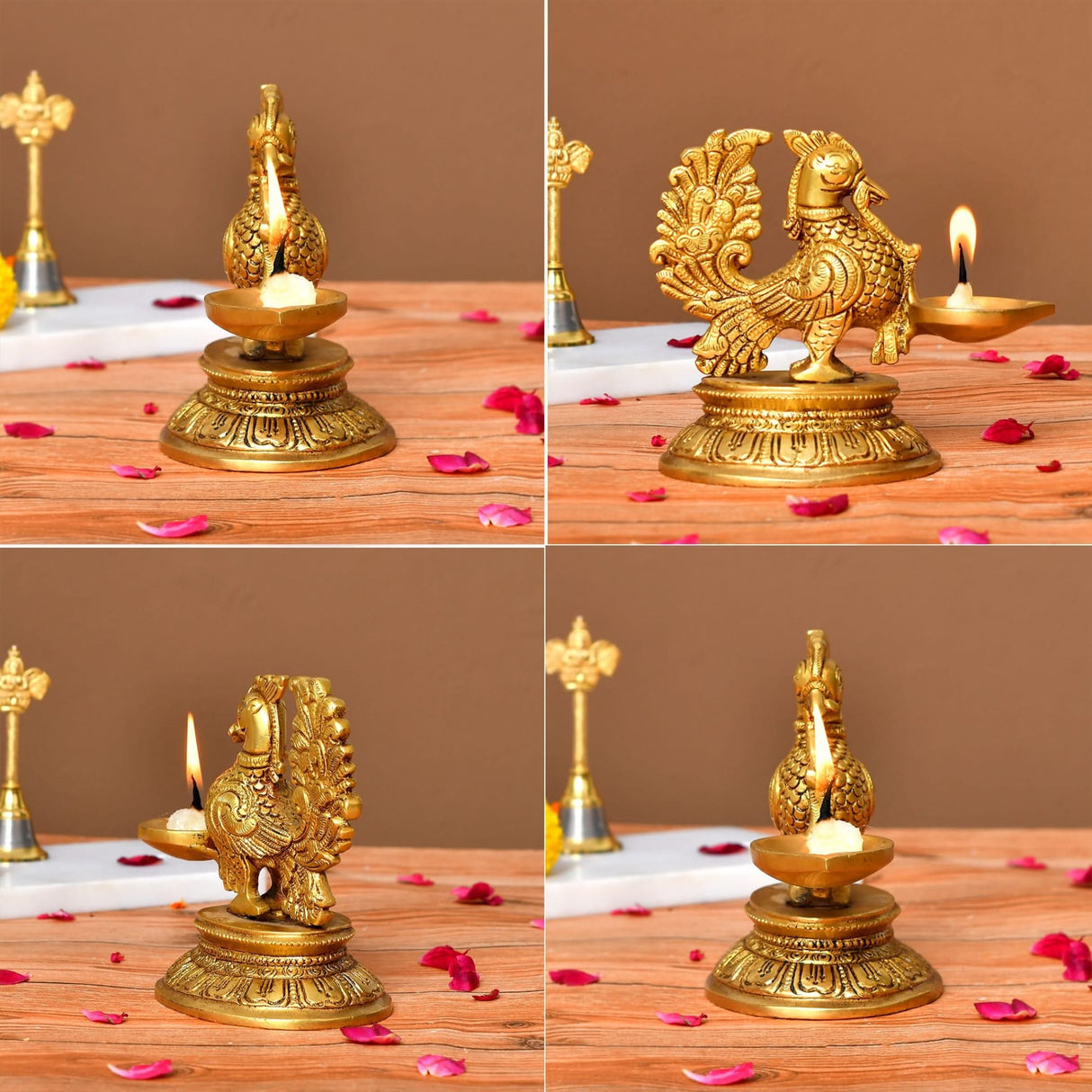 Brass Peacock Diya Annam Deepak Idol Oil Lamp Deepam with Base for Home Temple Mandir Office Diwali Decoration Kathu Vilakku Puja Diya - Deepawali Housewarming Return Gift - LoveNspire