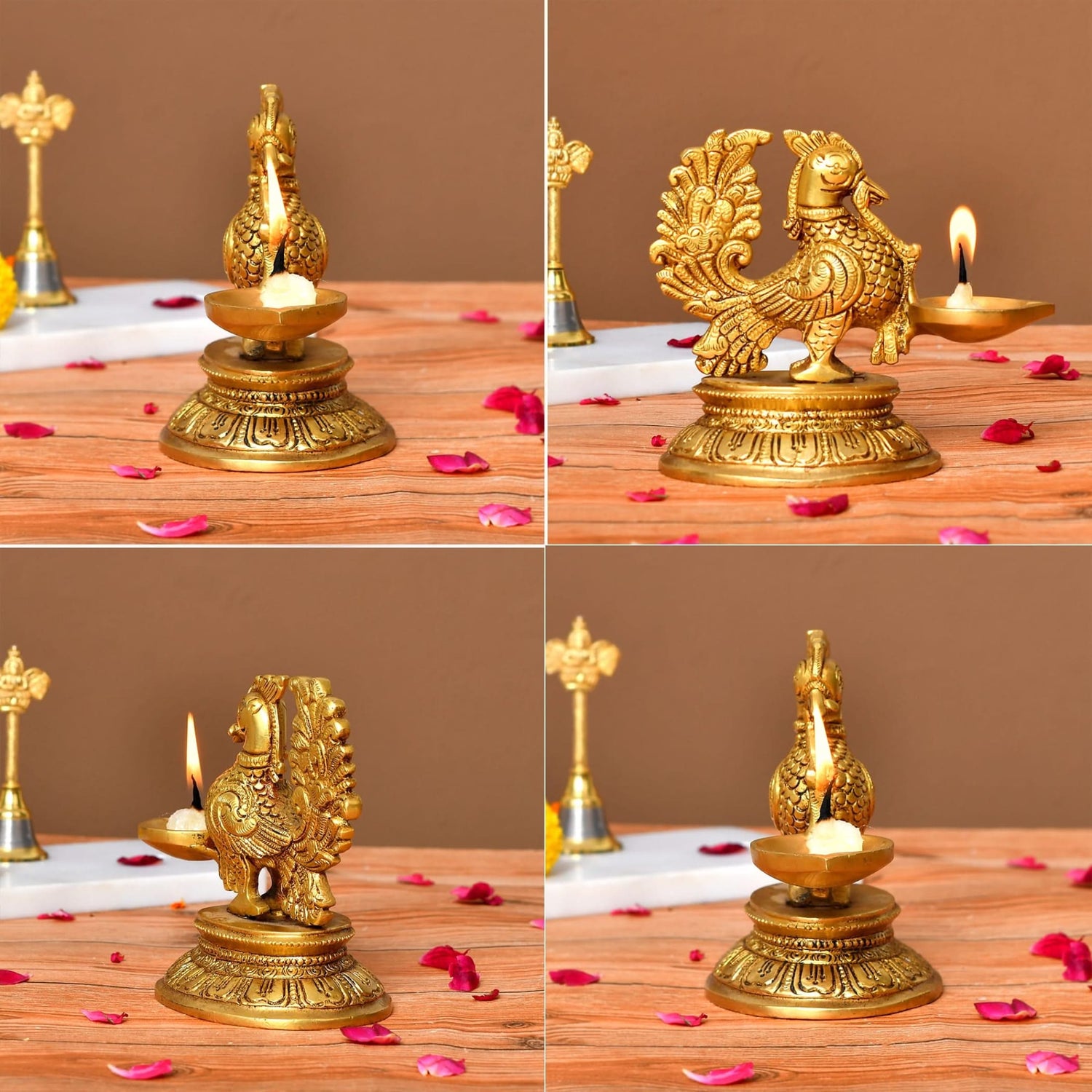 Brass Peacock Diya Annam Deepak Idol Oil Lamp Deepam with Base for Home Temple Mandir Office Diwali Decoration Kathu Vilakku Puja Diya - Deepawali Housewarming Return Gift - LoveNspire