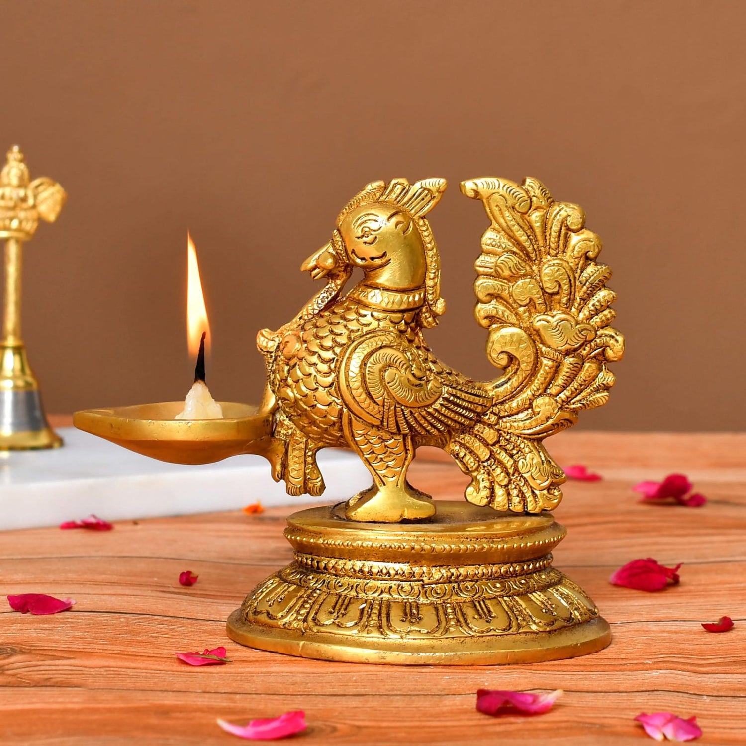 Brass Peacock Diya Annam Deepak Idol Oil Lamp Deepam with Base for Home Temple Mandir Office Diwali Decoration Kathu Vilakku Puja Diya - Deepawali Housewarming Return Gift - LoveNspire