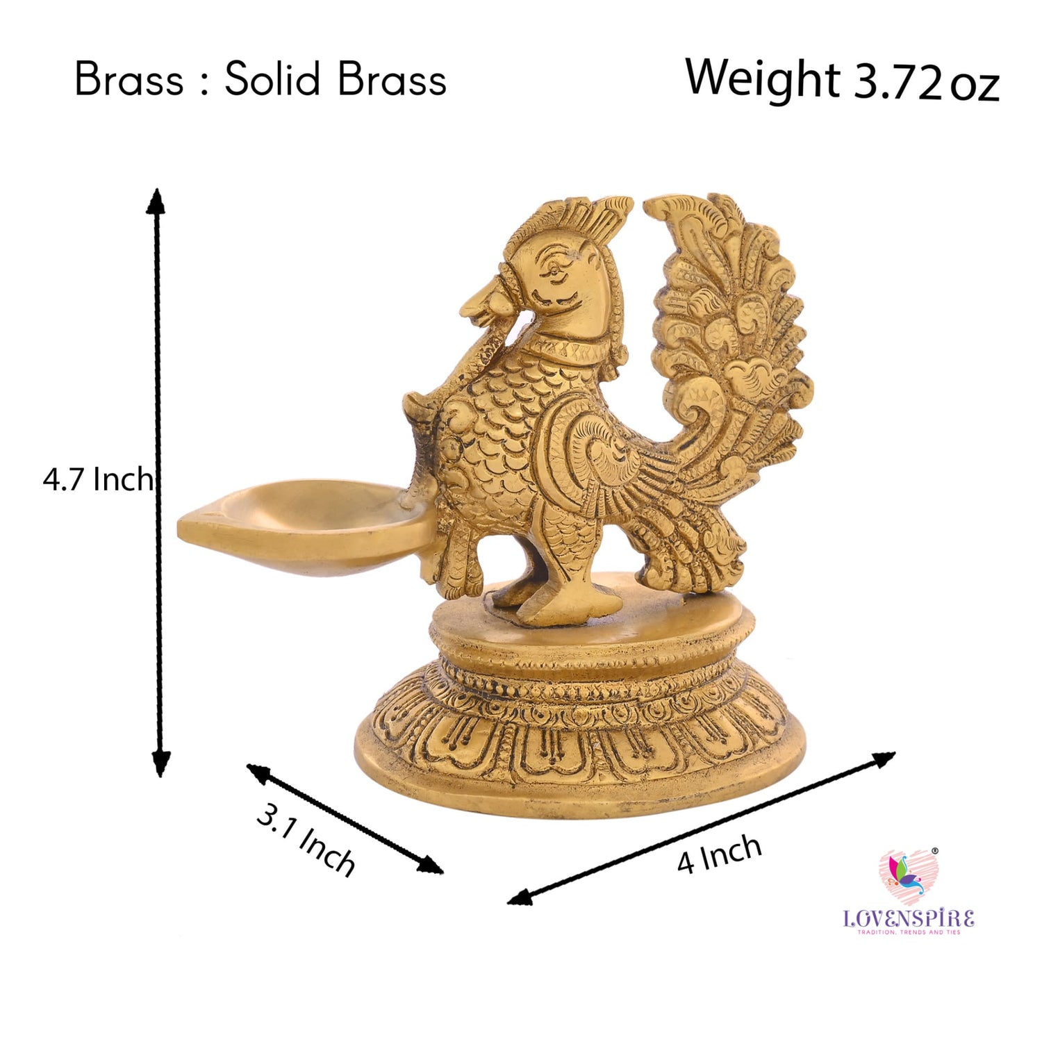Brass Peacock Diya Annam Deepak Idol Oil Lamp Deepam with Base for Home Temple Mandir Office Diwali Decoration Kathu Vilakku Puja Diya - Deepawali Housewarming Return Gift - LoveNspire