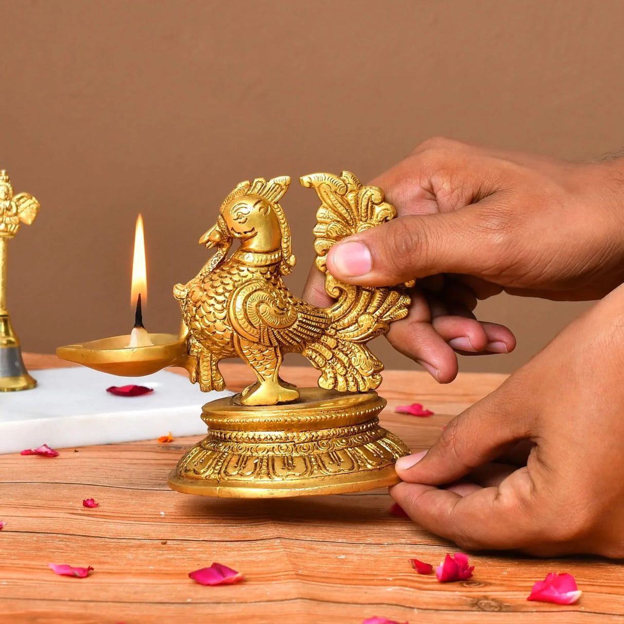 Brass Peacock Diya Annam Deepak Idol Oil Lamp Deepam with Base for Home Temple Mandir Office Diwali Decoration Kathu Vilakku Puja Diya - Deepawali Housewarming Return Gift - LoveNspire