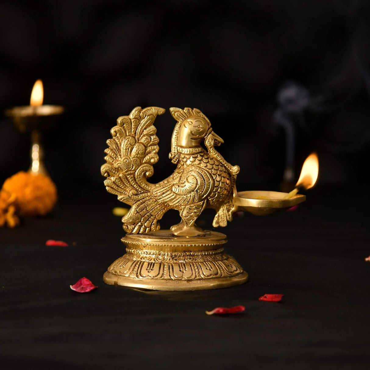 Brass Peacock Diya Annam Deepak Idol Oil Lamp Deepam with Base for Home Temple Mandir Office Diwali Decoration Kathu Vilakku Puja Diya - Deepawali Housewarming Return Gift - LoveNspire