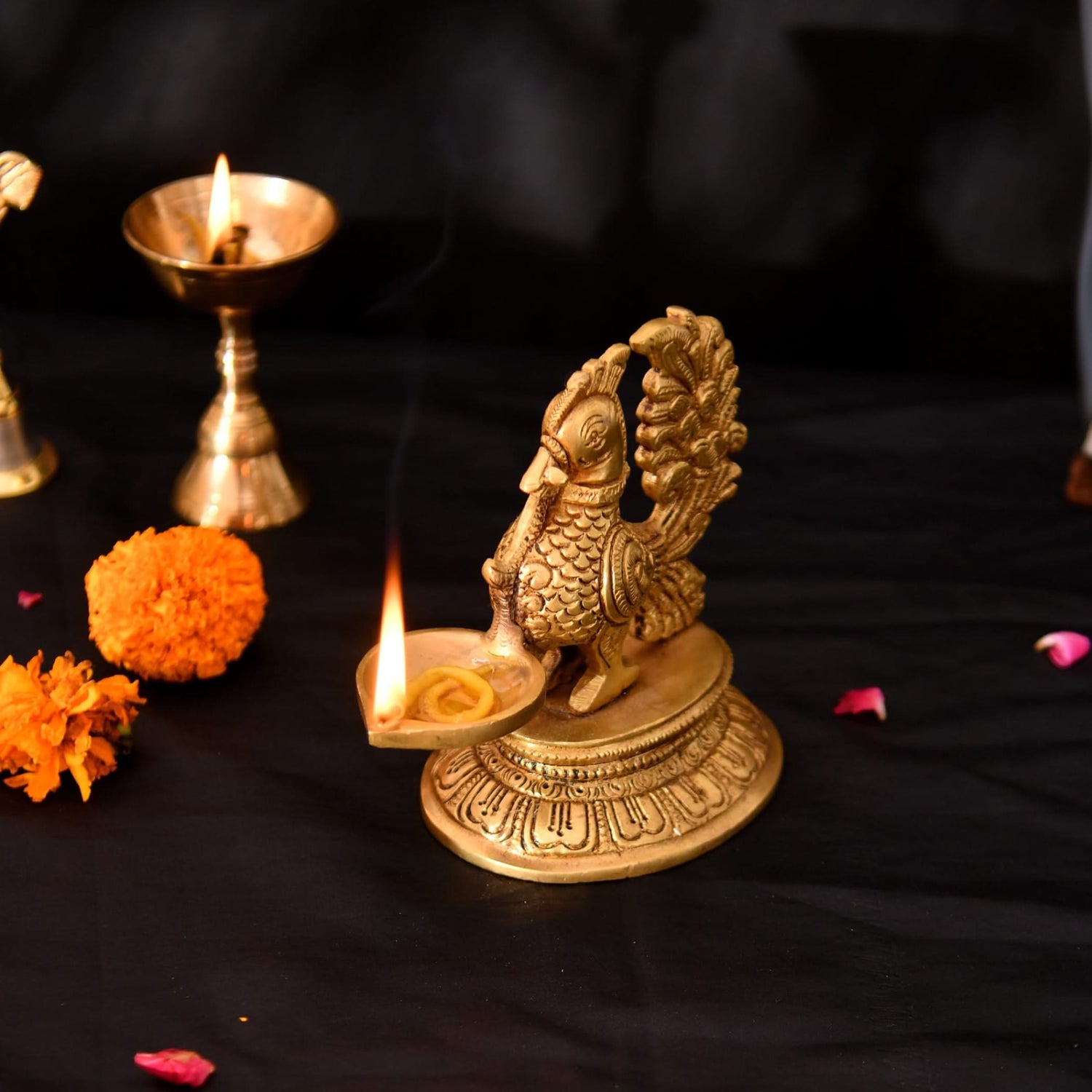 Brass Peacock Diya Annam Deepak Idol Oil Lamp Deepam with Base for Home Temple Mandir Office Diwali Decoration Kathu Vilakku Puja Diya - Deepawali Housewarming Return Gift - LoveNspire