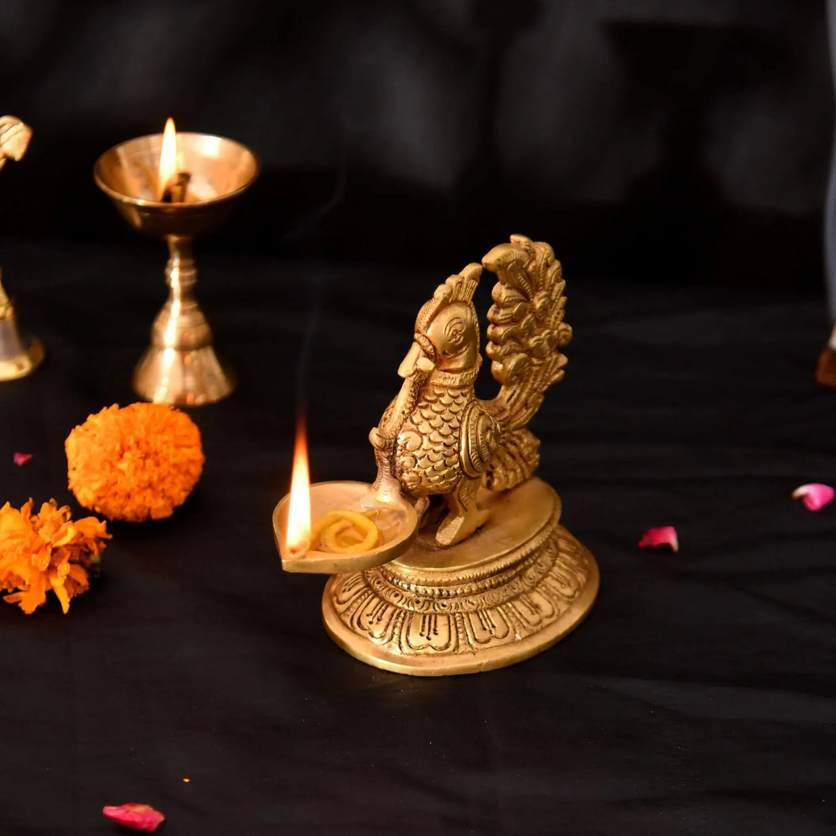 Brass Peacock Diya Annam Deepak Idol Oil Lamp Deepam with Base for Home Temple Mandir Office Diwali Decoration Kathu Vilakku Puja Diya - Deepawali Housewarming Return Gift - LoveNspire