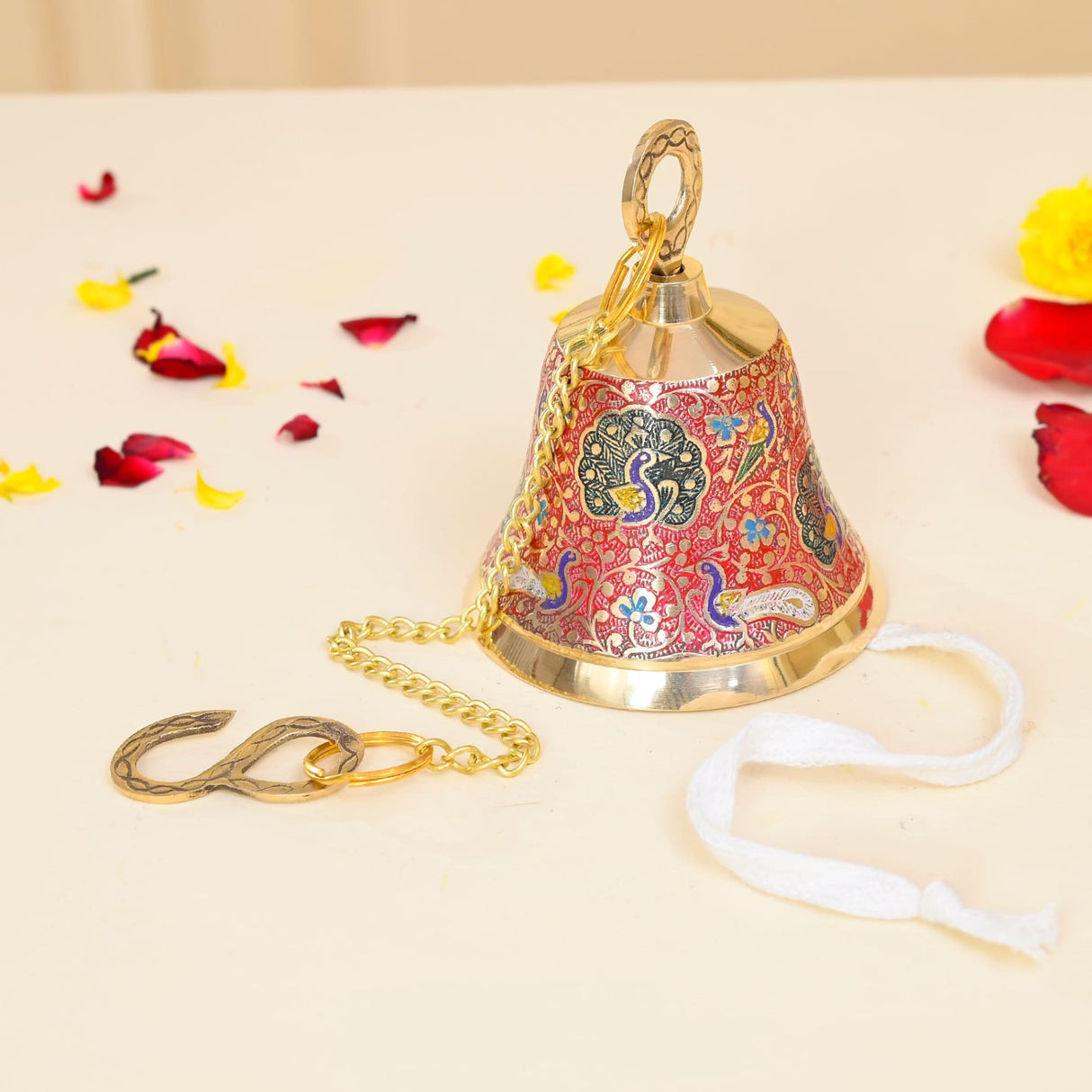 Antique Brass Hanging Bells with Chain for Temple Pooja Room Mandir Decor Peacock Print Small Hanging Bell - 4.75x4 inch Puja Ghanti for Housewarming Gift (Chain Length With Hook 12 Inches) - LoveNspire