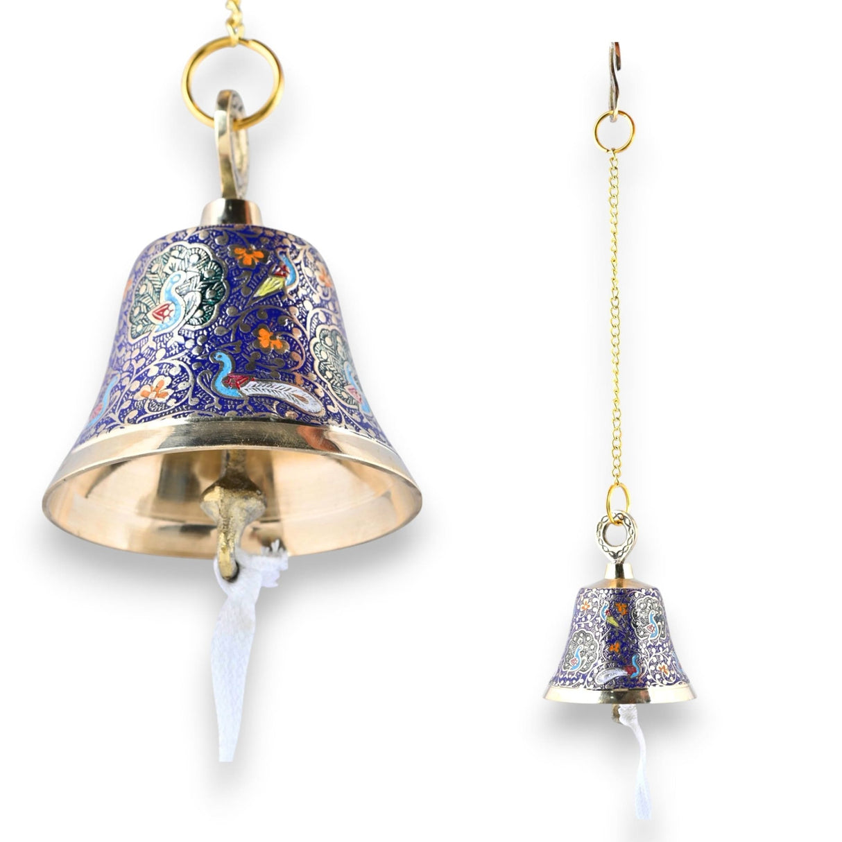 Antique Brass Hanging Bells with Chain for Temple Pooja Room Mandir Decor Peacock Print Small Hanging Bell - 4.75x4 inch Puja Ghanti for Housewarming Gift (Chain Length With Hook 12 Inches) - LoveNspire