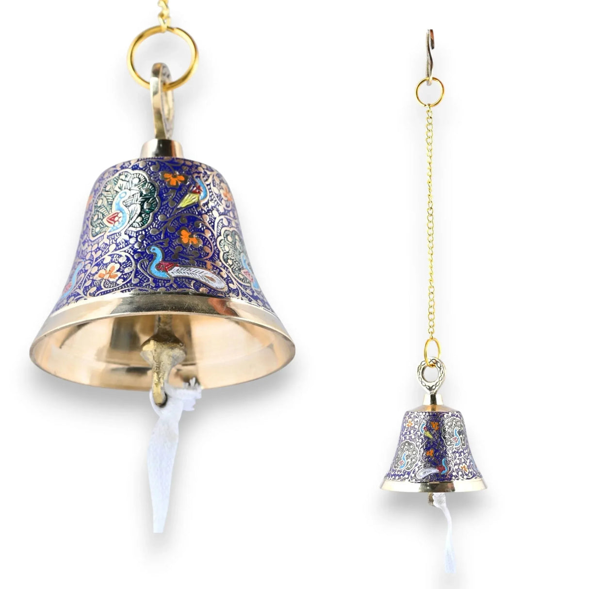 Antique Brass Hanging Bells with Chain for Temple Pooja Room Mandir Decor Peacock Print Small Hanging Bell - 4.75x4 inch Puja Ghanti for Housewarming Gift (Chain Length With Hook 12 Inches) - LoveNspire