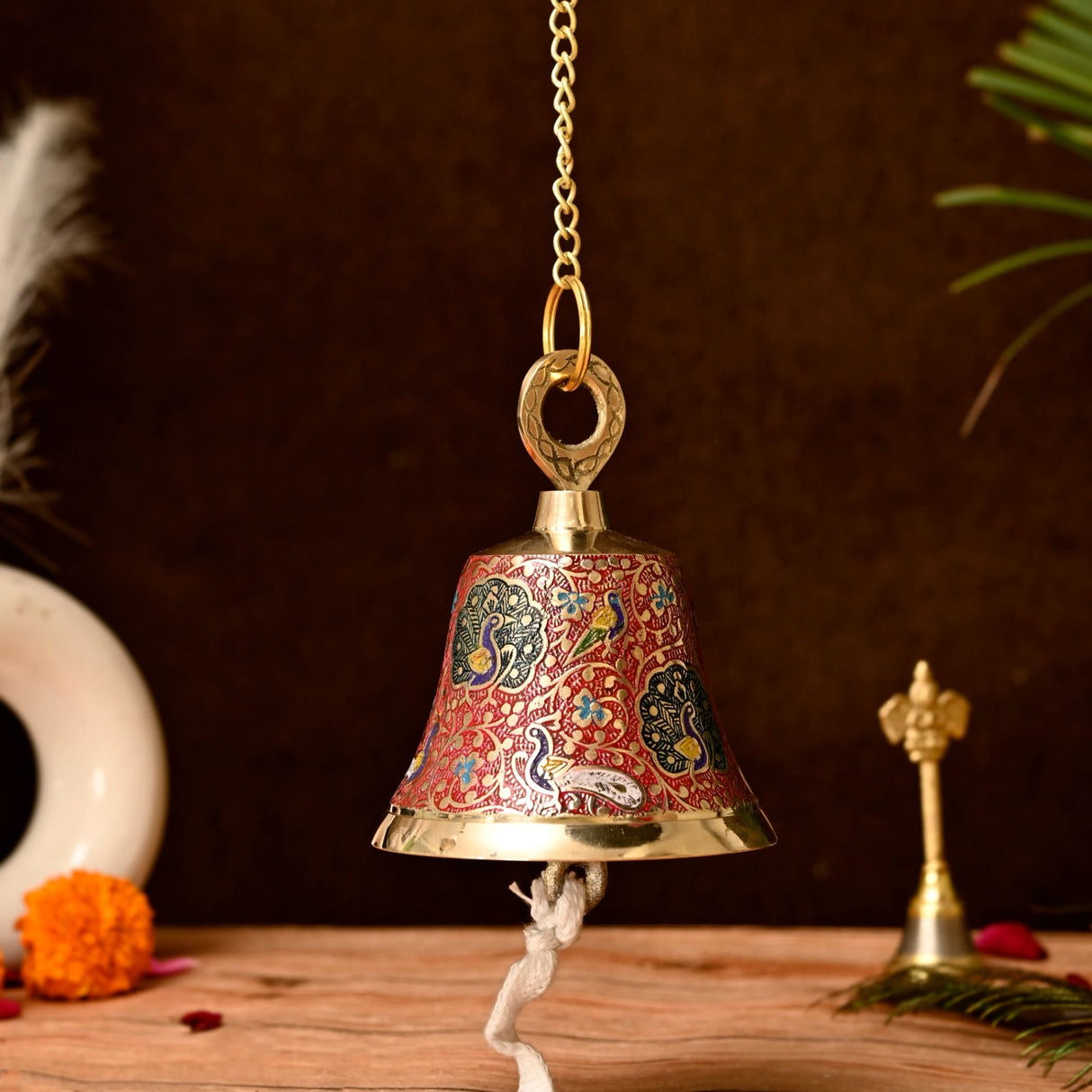 Antique Brass Hanging Bells with Chain for Temple Pooja Room Mandir Decor Peacock Print Small Hanging Bell - 4.75x4 inch Puja Ghanti for Housewarming Gift (Chain Length With Hook 12 Inches) - LoveNspire