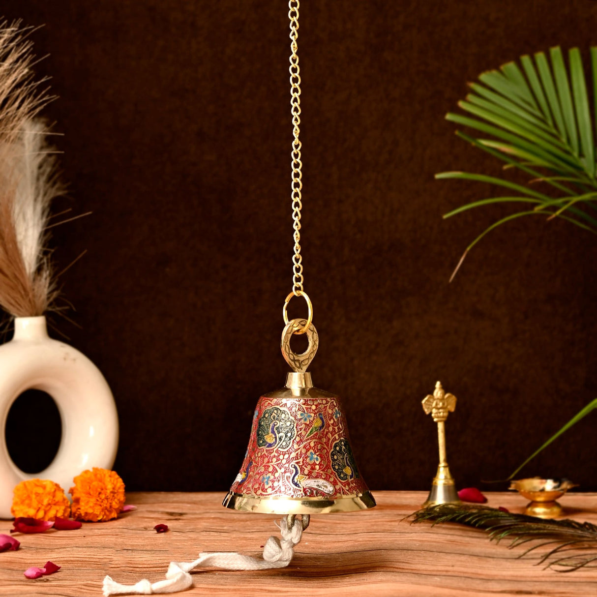 Antique Brass Hanging Bells with Chain for Temple Pooja Room Mandir Decor Peacock Print Small Hanging Bell - 4.75x4 inch Puja Ghanti for Housewarming Gift (Chain Length With Hook 12 Inches) - LoveNspire