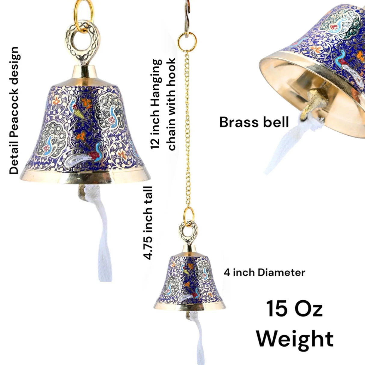 Antique Brass Hanging Bells with Chain for Temple Pooja Room Mandir Decor Peacock Print Small Hanging Bell - 4.75x4 inch Puja Ghanti for Housewarming Gift (Chain Length With Hook 12 Inches) - LoveNspire