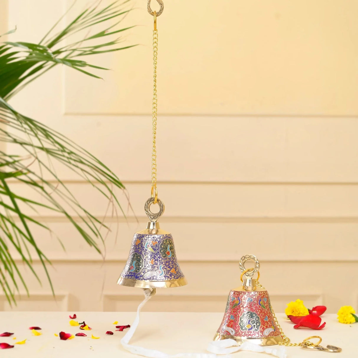 Antique Brass Hanging Bells with Chain for Temple Pooja Room Mandir Decor Peacock Print Small Hanging Bell - 4.75x4 inch Puja Ghanti for Housewarming Gift (Chain Length With Hook 12 Inches) - LoveNspire