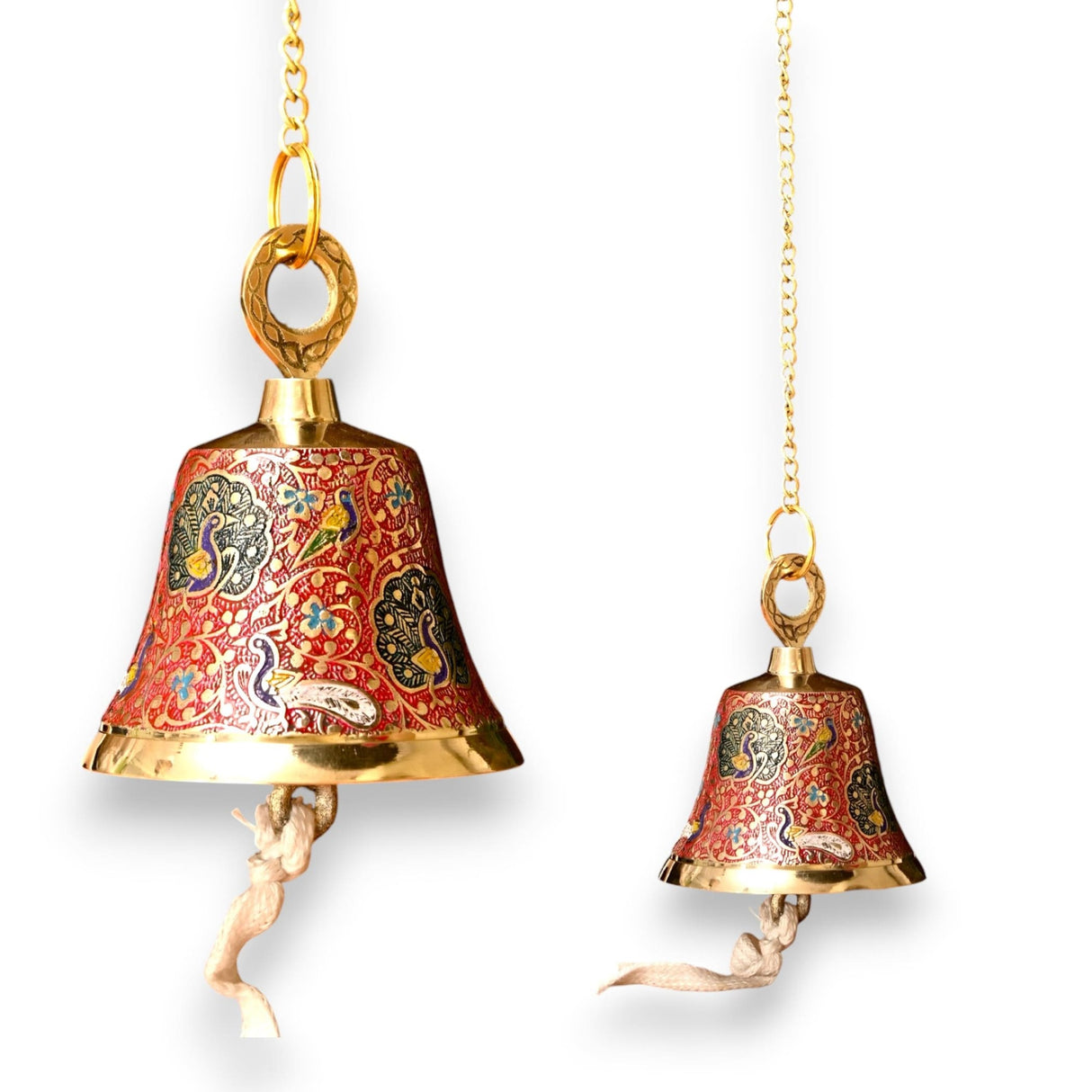 Antique Brass Hanging Bells with Chain for Temple Pooja Room Mandir Decor Peacock Print Small Hanging Bell - 4.75x4 inch Puja Ghanti for Housewarming Gift (Chain Length With Hook 12 Inches) - LoveNspire