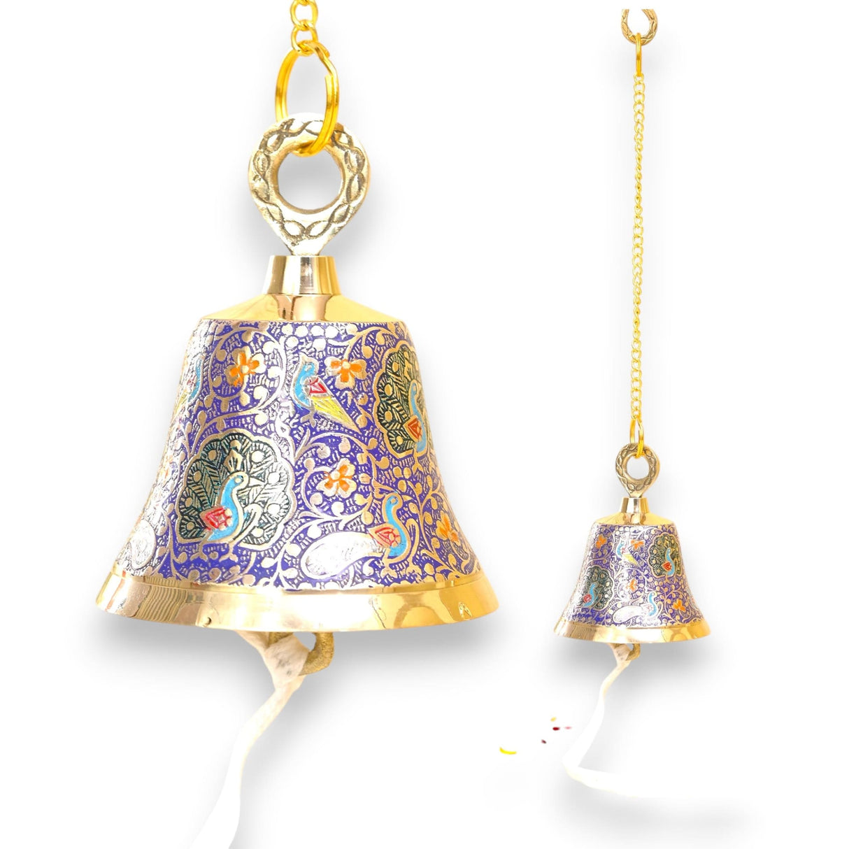 Antique Brass Hanging Bells with Chain for Temple Pooja Room Mandir Decor Peacock Print Small Hanging Bell - 4.75x4 inch Puja Ghanti for Housewarming Gift (Chain Length With Hook 12 Inches) - LoveNspire