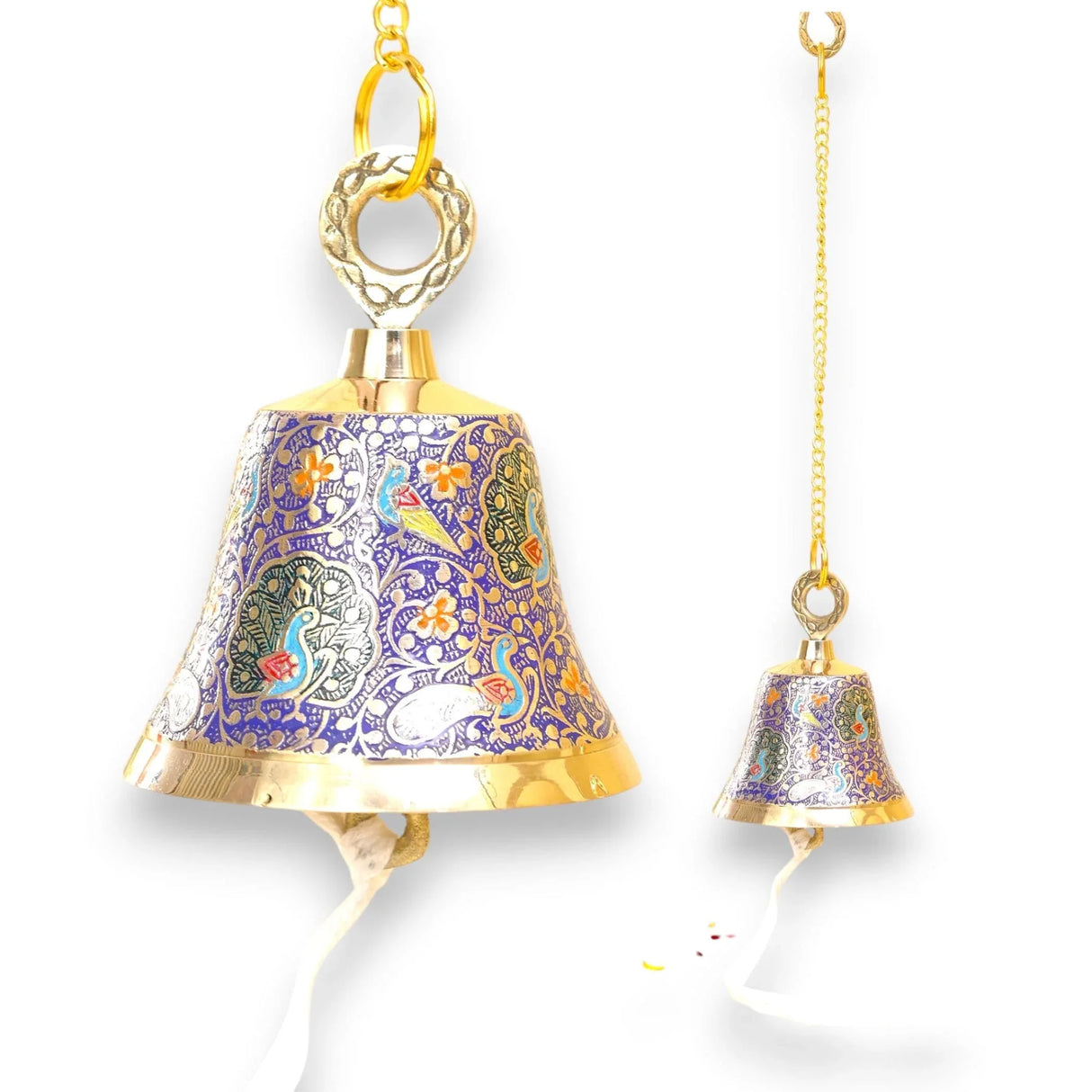 Antique Brass Hanging Bells with Chain for Temple Pooja Room Mandir Decor Peacock Print Small Hanging Bell - 4.75x4 inch Puja Ghanti for Housewarming Gift (Chain Length With Hook 12 Inches) - LoveNspire