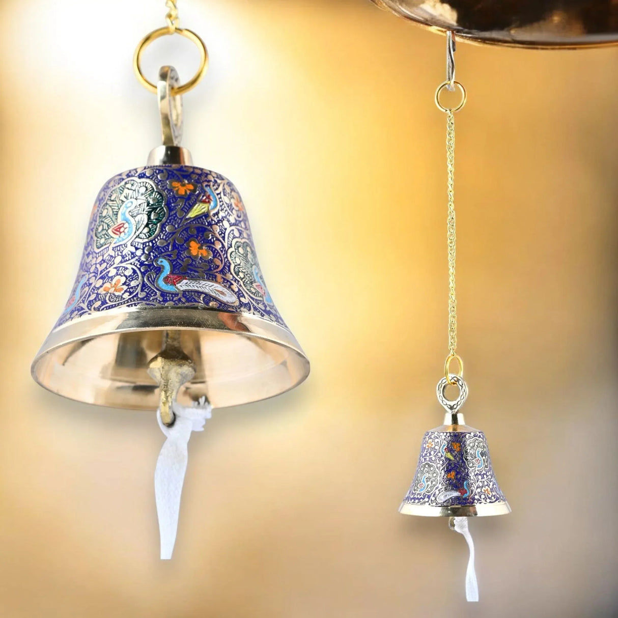 Antique Brass Hanging Bells with Chain for Temple Pooja Room Mandir Decor Peacock Print Small Hanging Bell - 4.75x4 inch Puja Ghanti for Housewarming Gift (Chain Length With Hook 12 Inches) - LoveNspire