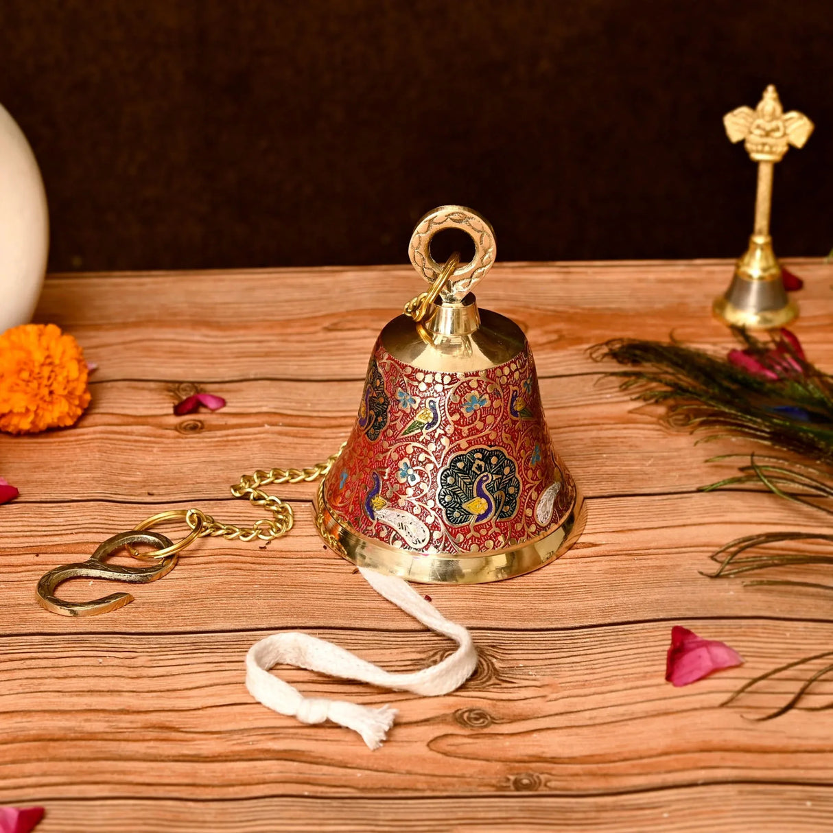 Antique Brass Hanging Bells with Chain for Temple Pooja Room Mandir Decor Peacock Print Small Hanging Bell - 4.75x4 inch Puja Ghanti for Housewarming Gift (Chain Length With Hook 12 Inches) - LoveNspire