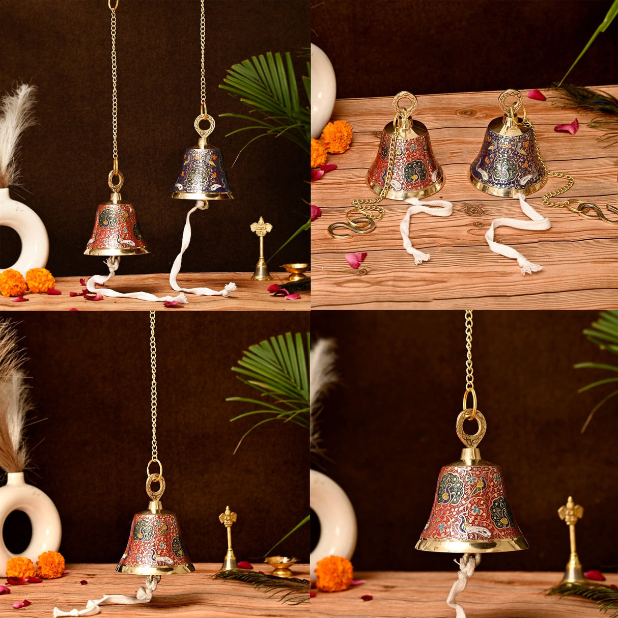 Antique Brass Hanging Bells with Chain for Temple Pooja Room Mandir Decor Peacock Print Small Hanging Bell - 4.75x4 inch Puja Ghanti for Housewarming Gift (Chain Length With Hook 12 Inches) - LoveNspire