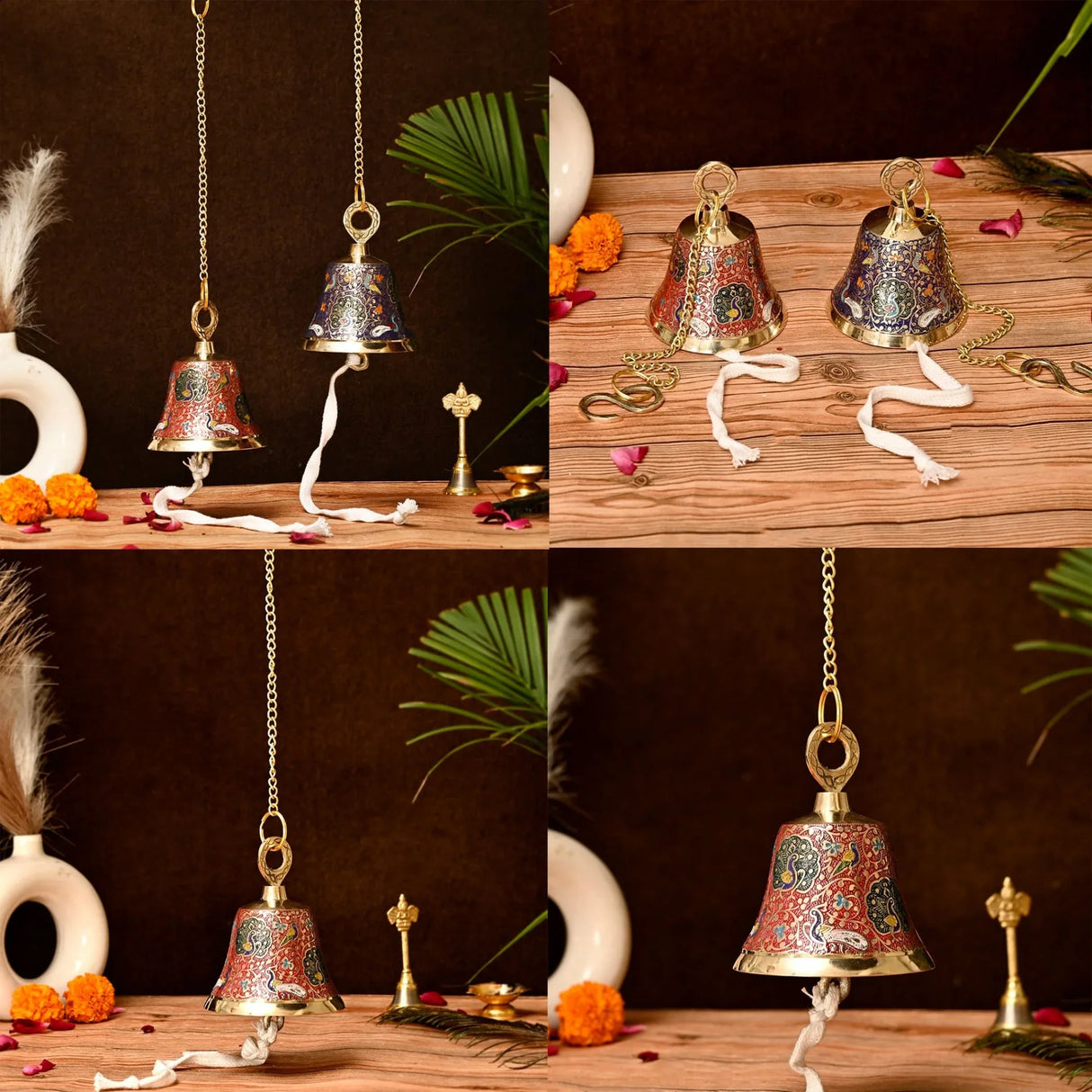 Antique Brass Hanging Bells with Chain for Temple Pooja Room Mandir Decor Peacock Print Small Hanging Bell - 4.75x4 inch Puja Ghanti for Housewarming Gift (Chain Length With Hook 12 Inches) - LoveNspire