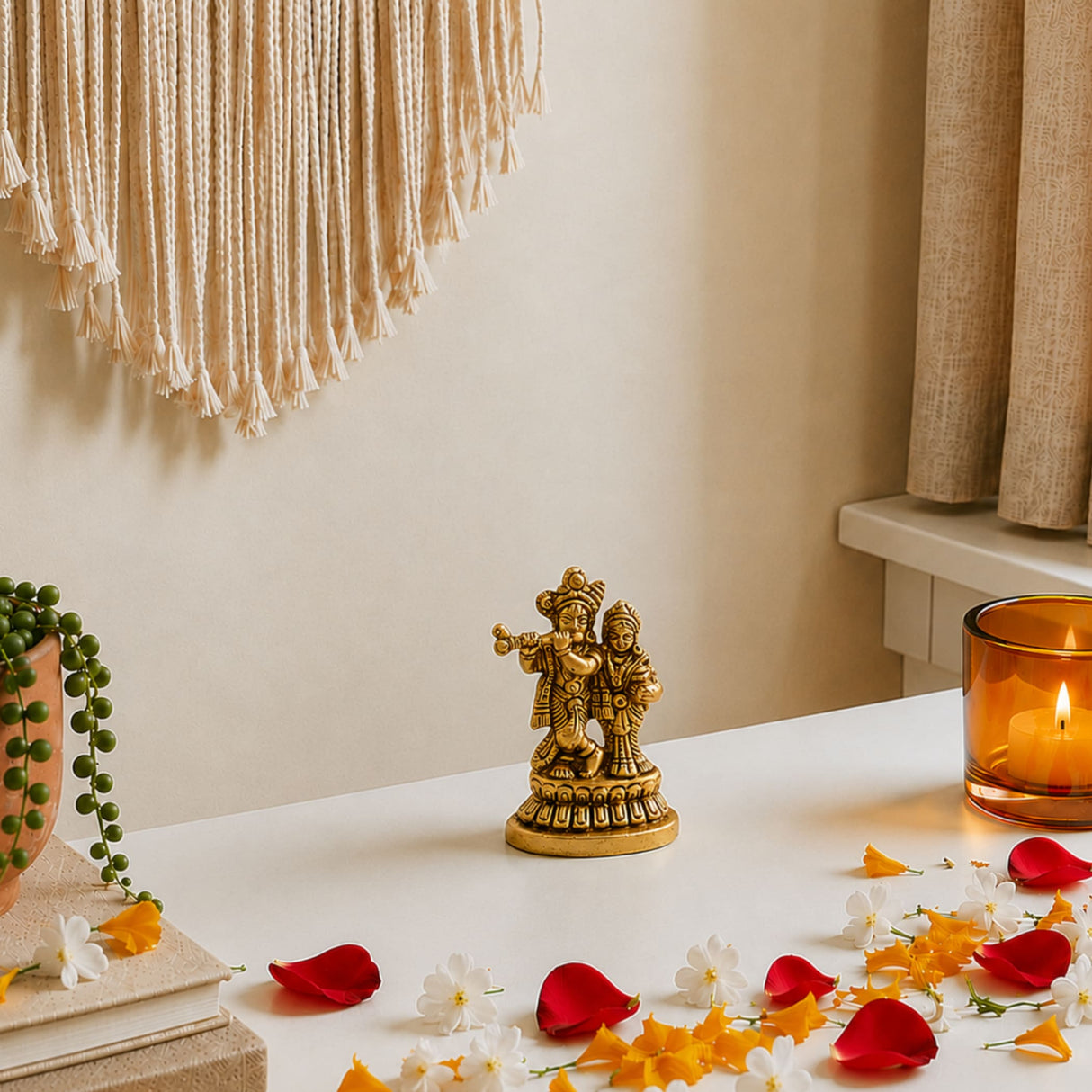 Golden brass figurine of lord krishna and radha standing on a decorative base for home temple pooja decor