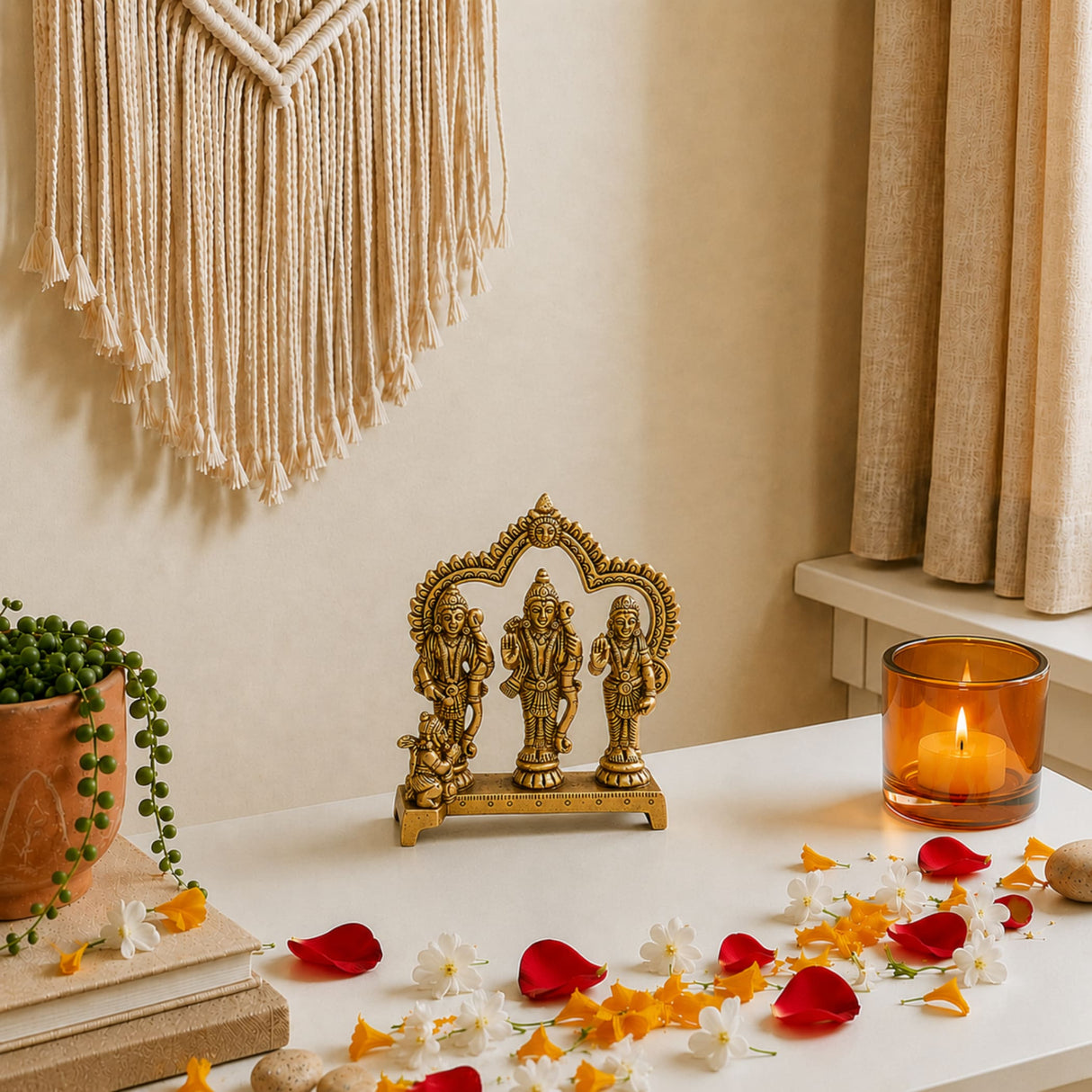 Golden brass ram darbar statue with three deities in ornate archway for pooja home decor and festivals